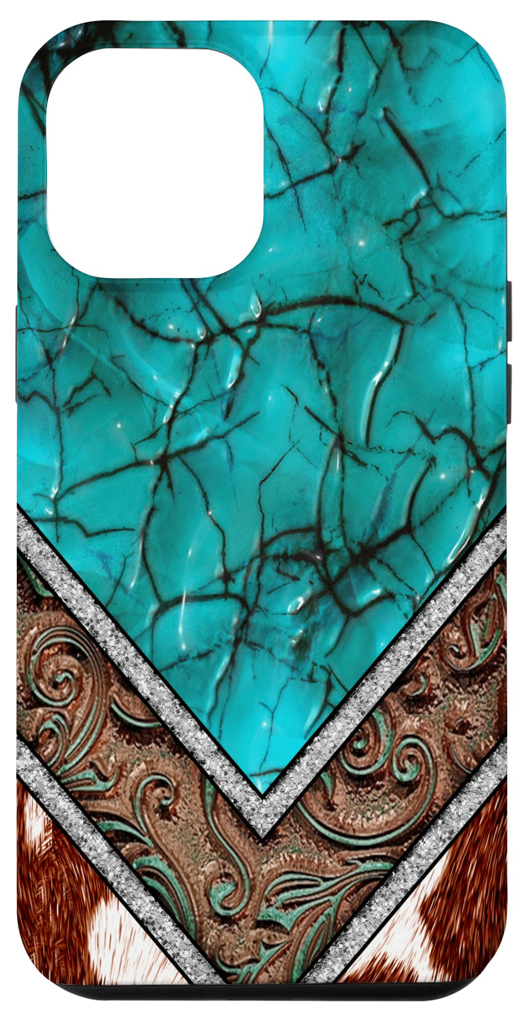 Premium iPhone 12 Pro Max Case - Genuine Western Cowhide with Turquoise & Brown Animal Print Design | Durable Protection for Work, Travel & Outdoor Adventures
