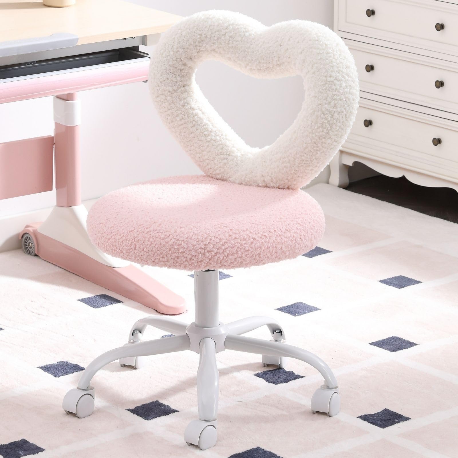 LukeAlon Adjustable Kids Desk Chair with Rolling Wheels - Sherpa Heart Back Swivel Chair for Boys & Girls, Pink & White | Ergonomic Study Chair for Teens, Children's Computer Chair for Home & Classroom Use