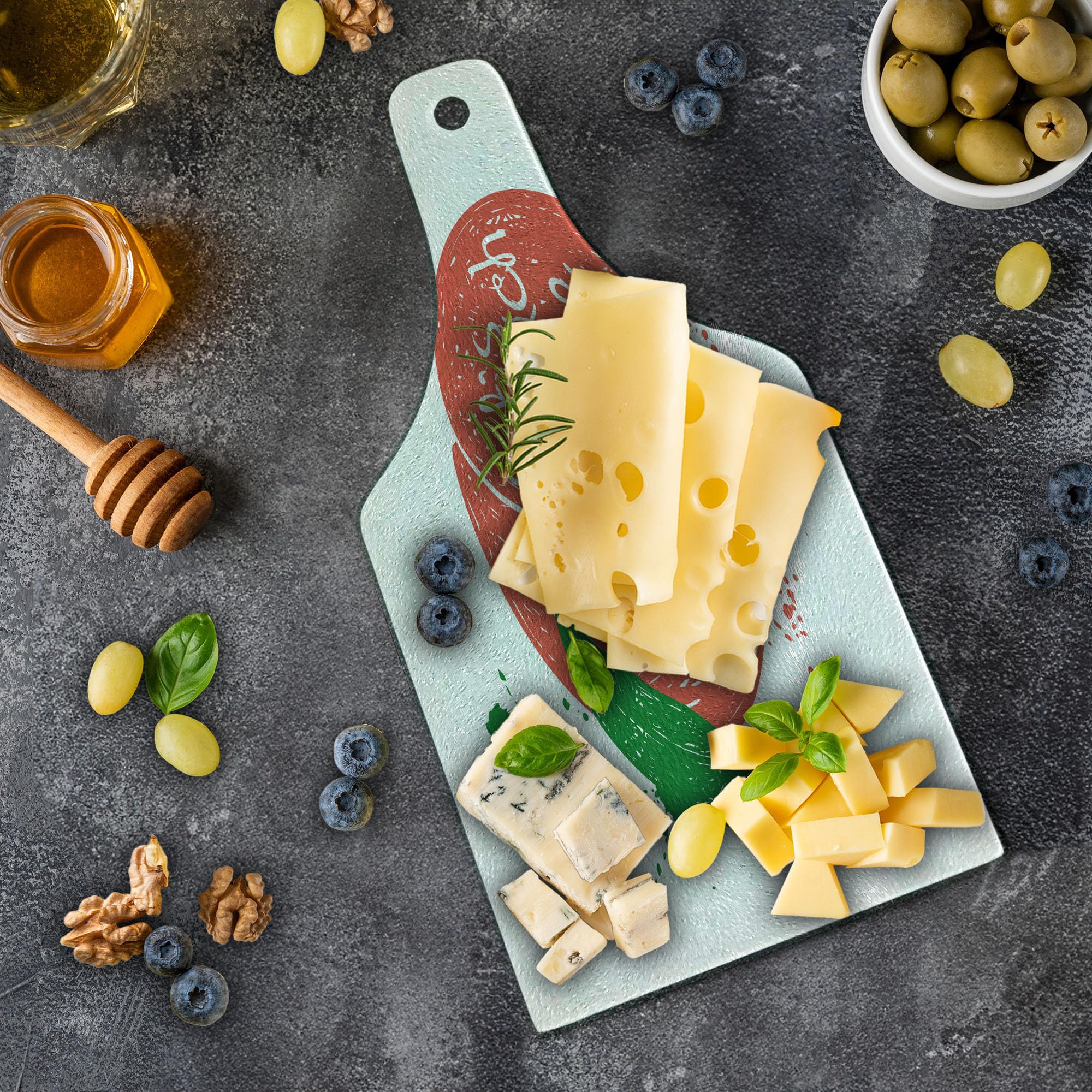 Ambesonne Peach Themed Tempered Glass Cutting Board - Decorative Serving Tray with Fruit Design, Stem & Leaf Pattern - Perfect for Beach Picnics, Wine Parties & Kitchen Decor - Green Coral White Wine Bottle Shape