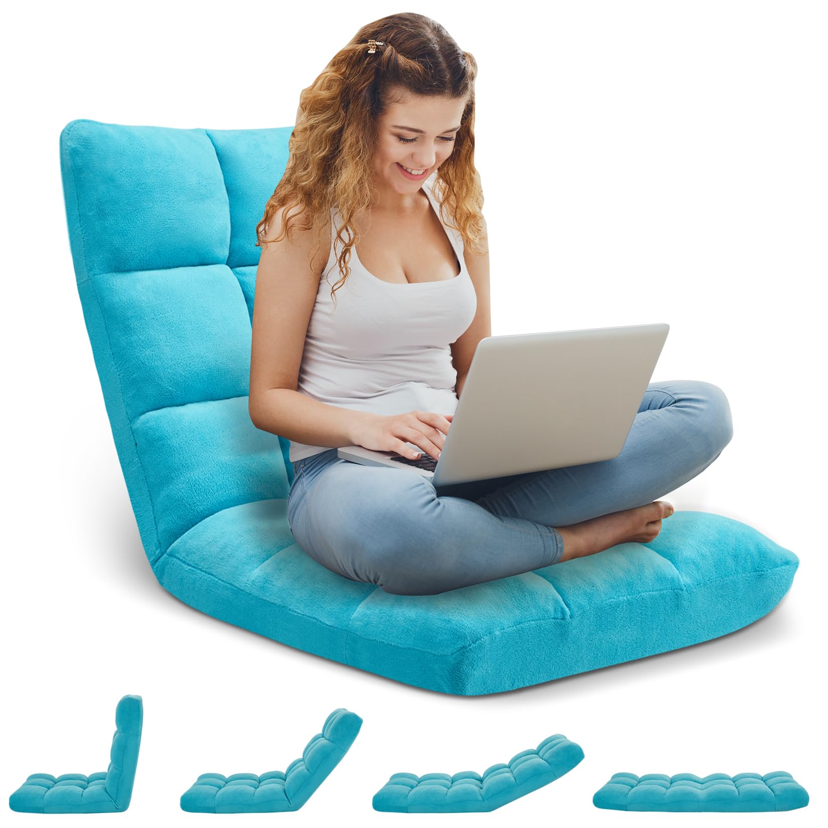 14-Position Adjustable Folding Floor Gaming Chair with Breathable Cotton & Velvet Cover - Ergonomic Lazy Sofa for Adults & Kids - Perfect for Gaming, Reading, Meditation, and Relaxing at Home (Baby Blue)