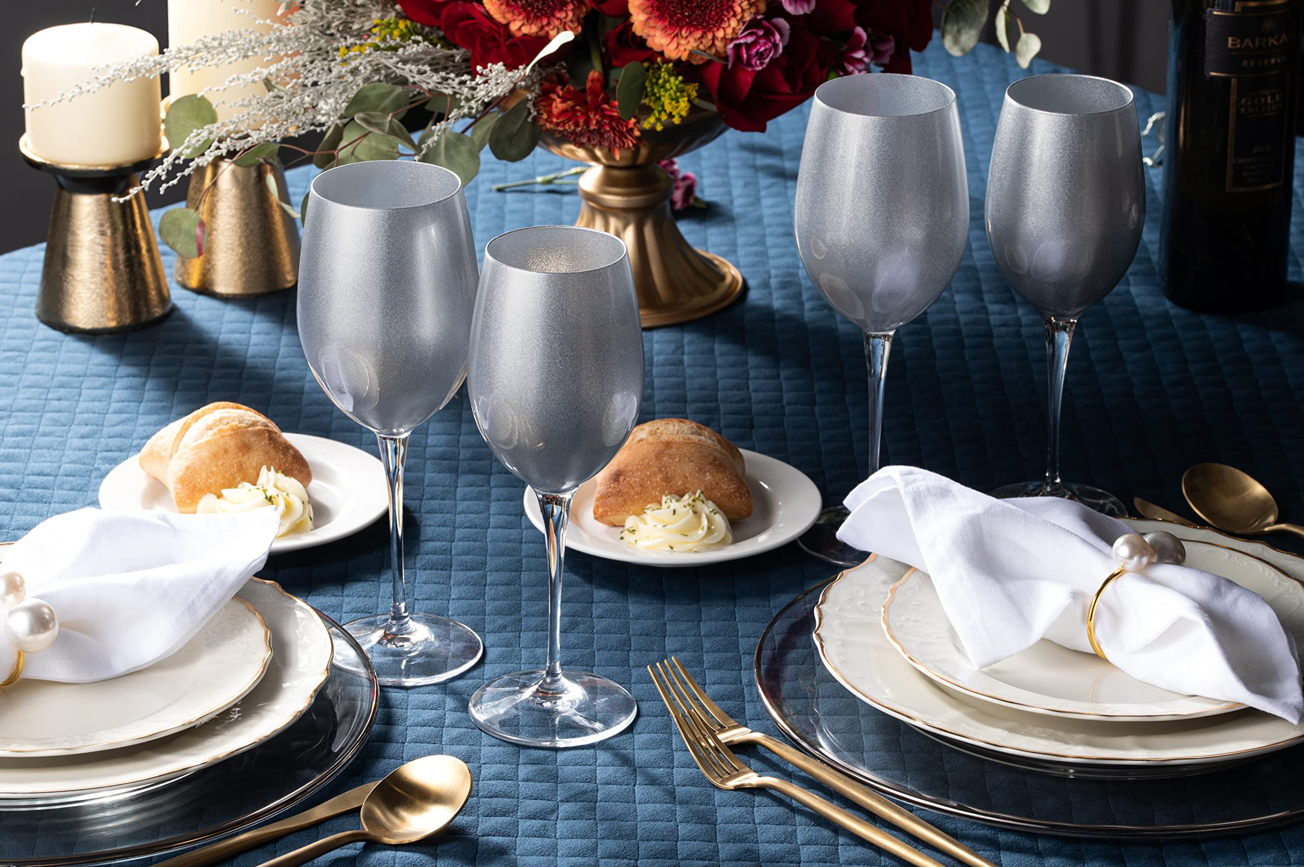 Premium Barski Goblet Set of 6 - Elegant 14oz Stemmed Glasses for White Wine & Water, Silver-Decorated European Crystal Glassware - Perfect for Dinner Parties, Weddings & Formal Entertaining
