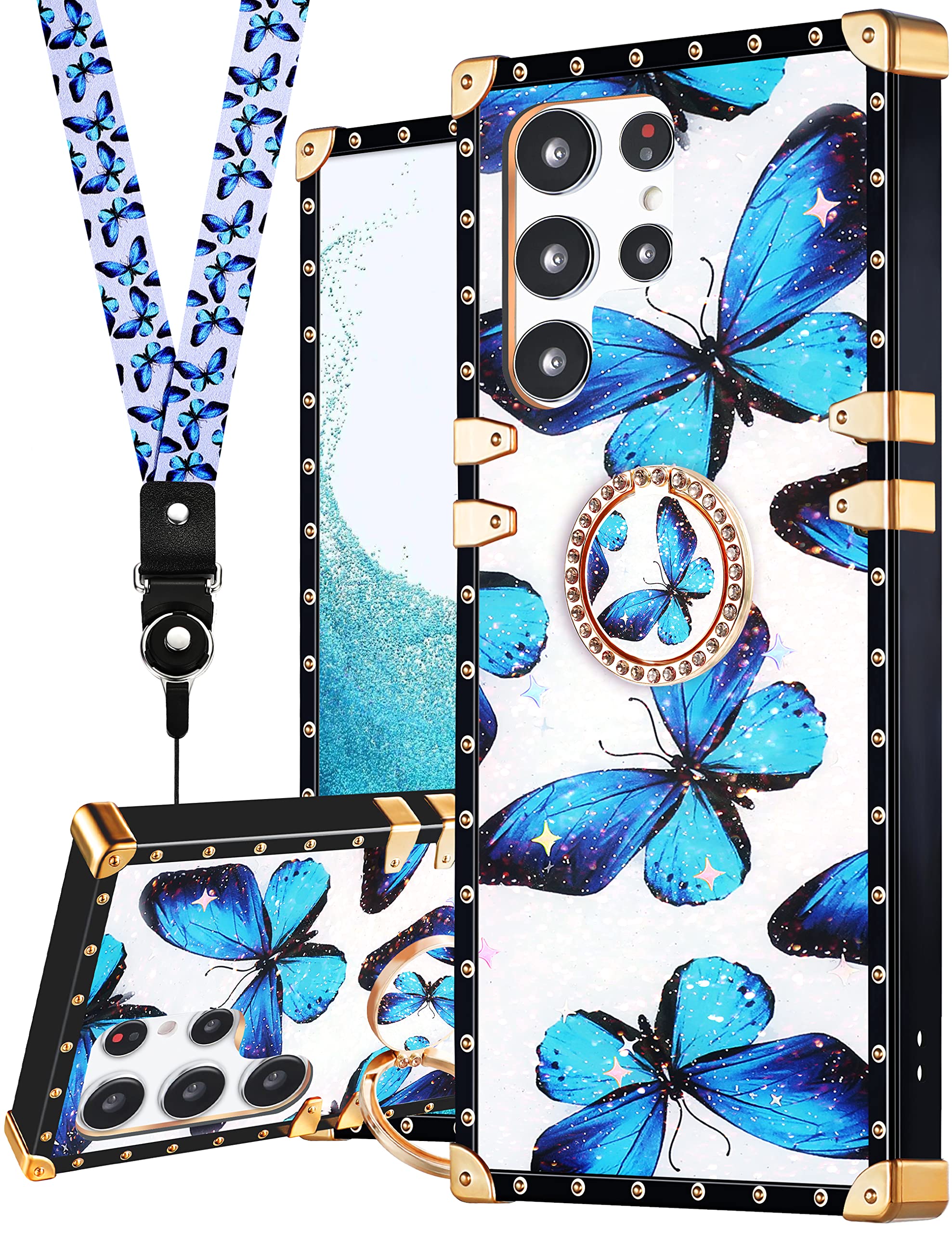 Luxury Butterfly Retro Phone Case for Samsung Galaxy S22 Ultra - Shockproof Protective Cover with Ring Stand & Lanyard, Glamorous Cute Edges Design for Women & Girls | Perfect for Work, Travel & Everyday Use