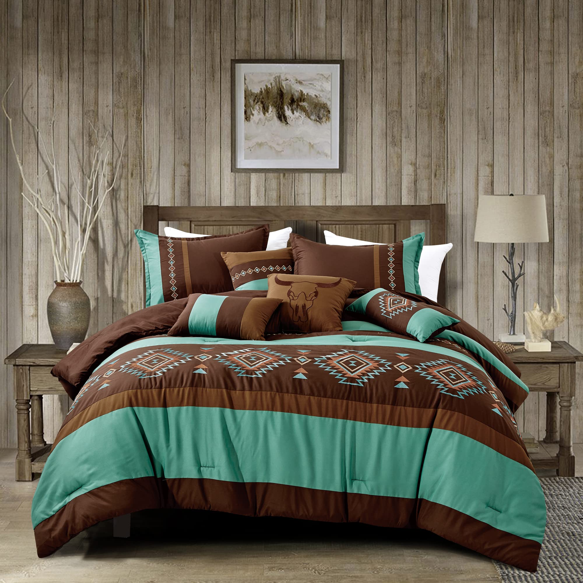 **Luxury 7-Piece King/Cal-King Comforter Set - Western Tribal Inca Choco Brown Teal Stripe Embroidered Longhorn Pillow Designs - Includes Shams & Cushions - Bed in a Bag - Perfect for Master Bedroom, Guest Room, or Bohemian Home Decor**