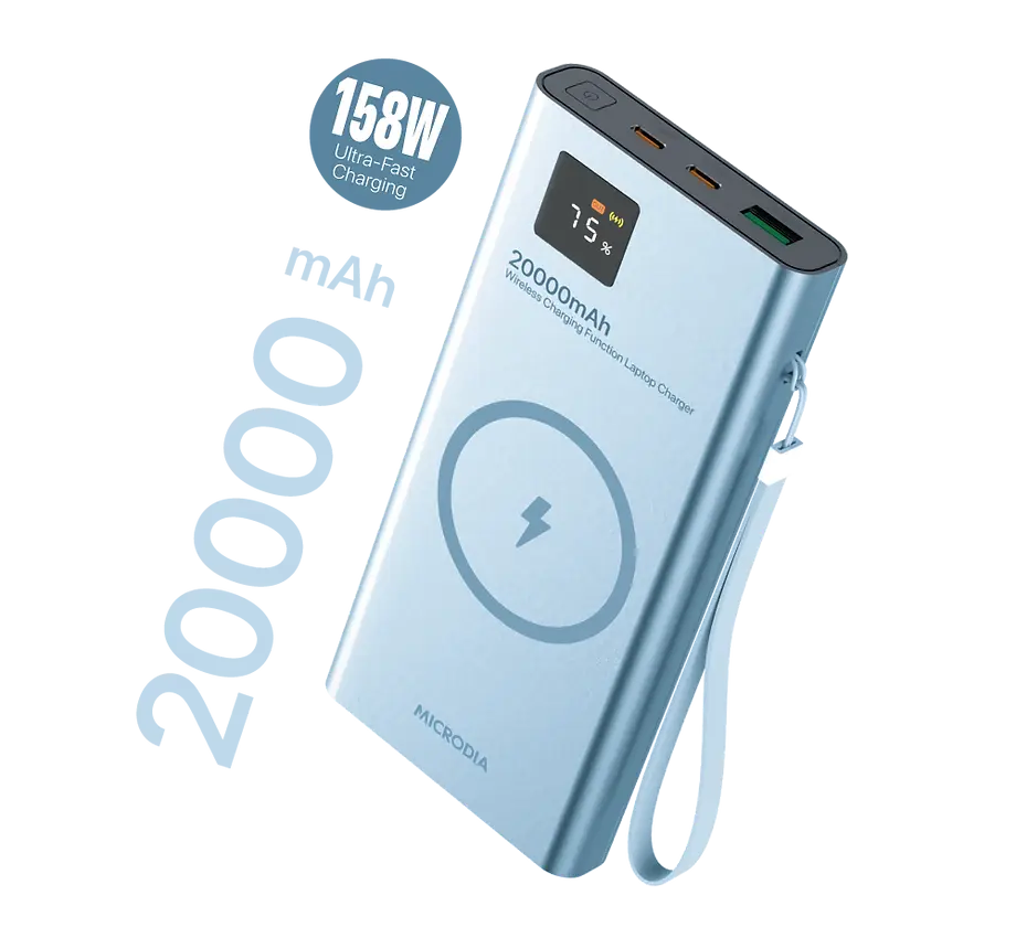 MICRODIA SNAPPower™ MagGo LCD 20000mAh 158W Magnetic Wireless Power Bank - 15W Wireless Charging + 65W & 60W USB-C PD + 18W USB-A Output with LCD Display - Fast Charging for iPhone, Samsung, AirPods, Laptops & More - Perfect for Travel, Work & Outdoor Adventures