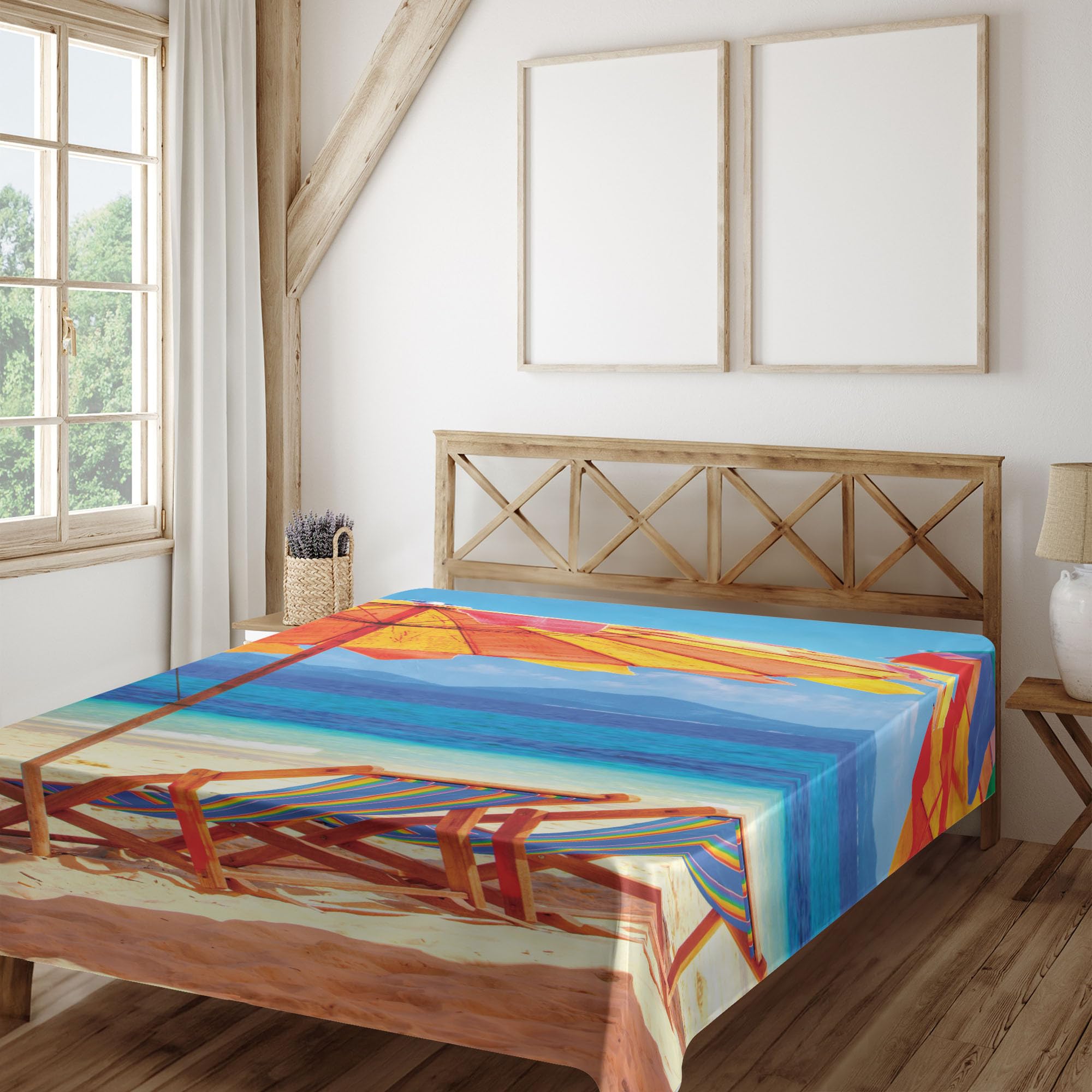 Ambesonne King Size Flat Sheet - Tropical Thailand Beach Design with Deck Chairs, Soft & Comfortable Decorative Bedding (1 Piece, Orange & Blue) - Perfect for Coastal Themed Bedrooms, Vacation Homes & Beach House Decor