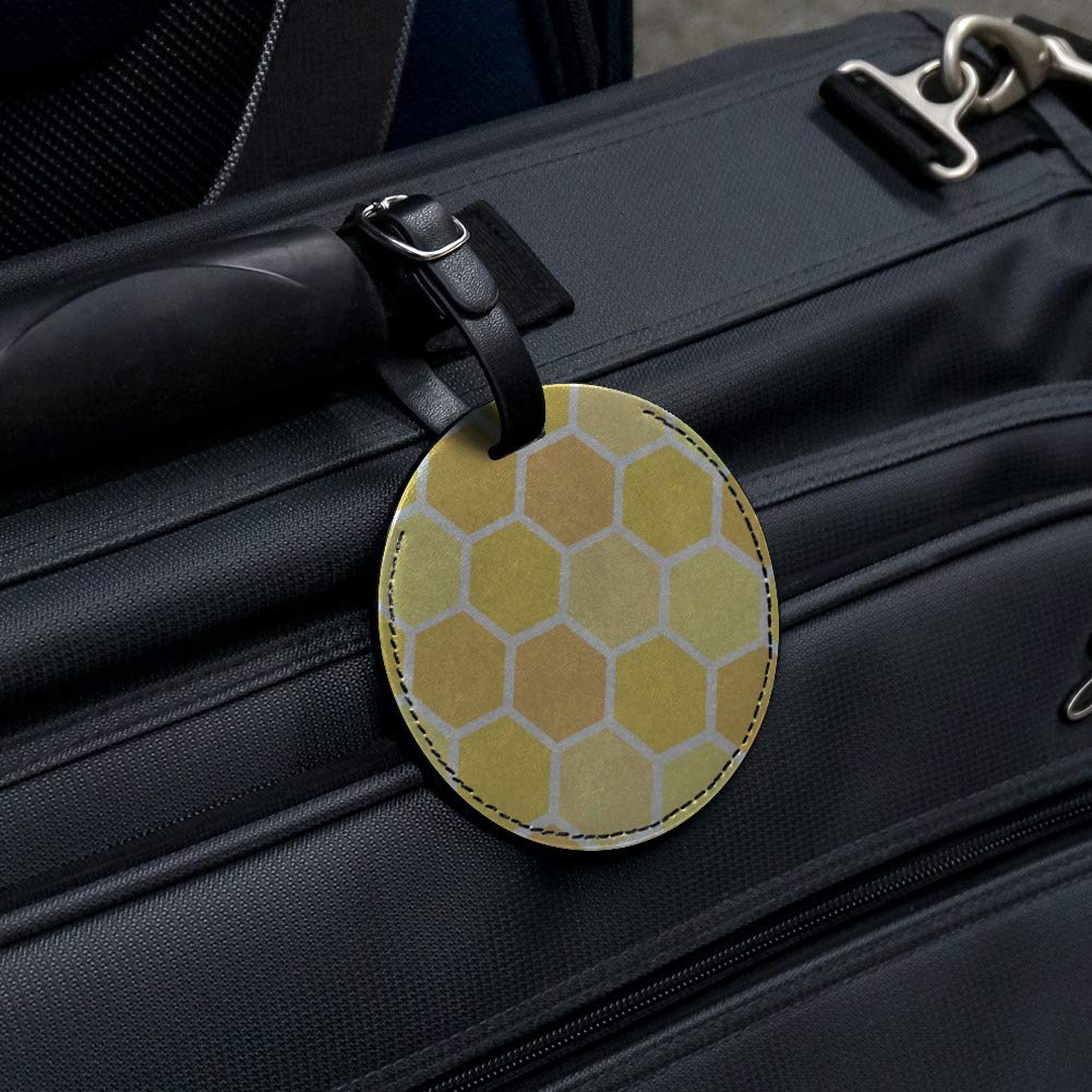 Yellow Honeycomb Pattern Round Leather Luggage Tag - Durable Suitcase ID Card Holder for Travel Bags | Perfect for Carry-Ons, Checked Luggage & Backpack Identification