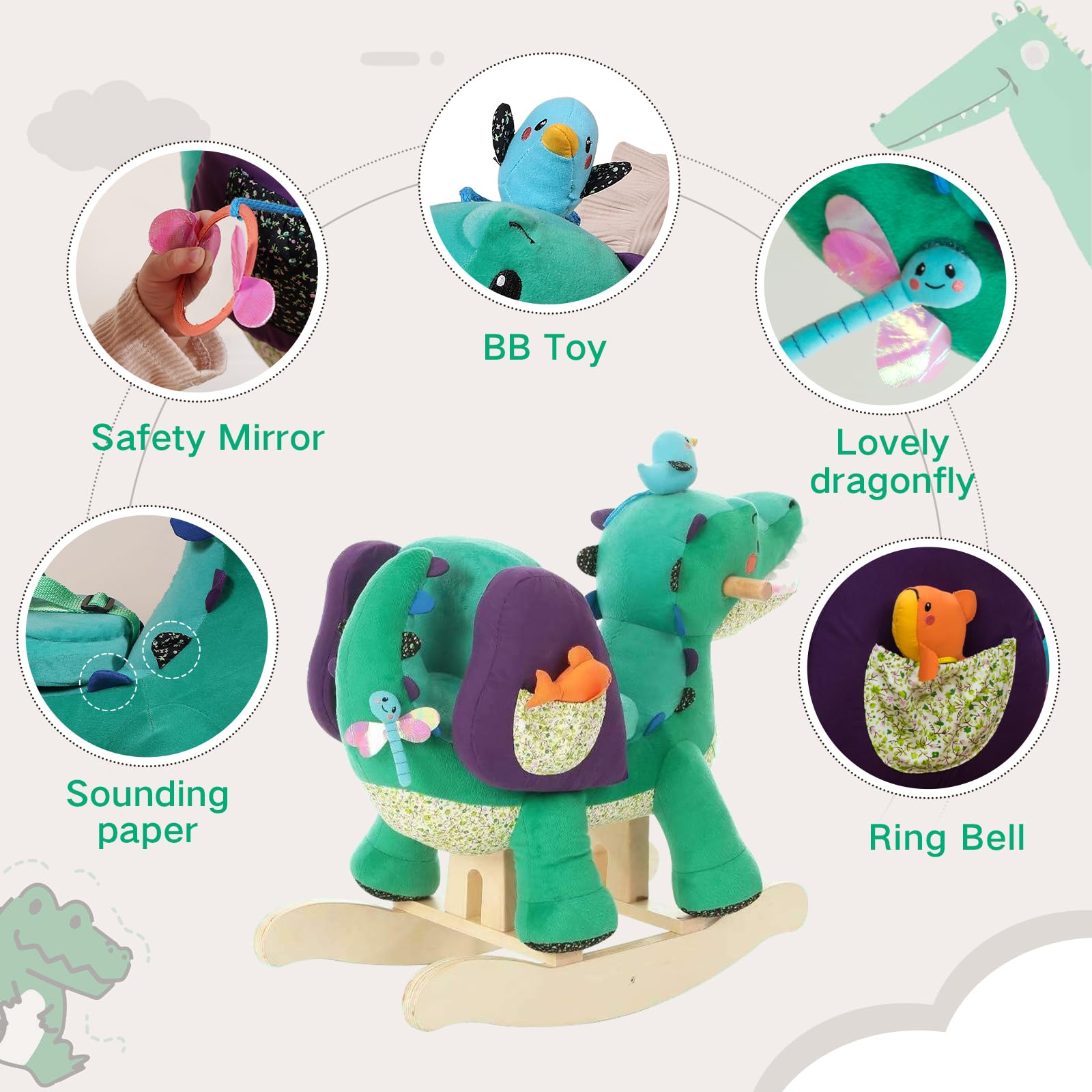 Labebe Green Crocodile Plush Rocking Horse Toy for Toddlers 6 Months to 3 Years - Soft Stuffed Animal Rocker Chair with Wooden Base | Perfect for Nursery Decor, First Birthday Gifts & Early Childhood Development
