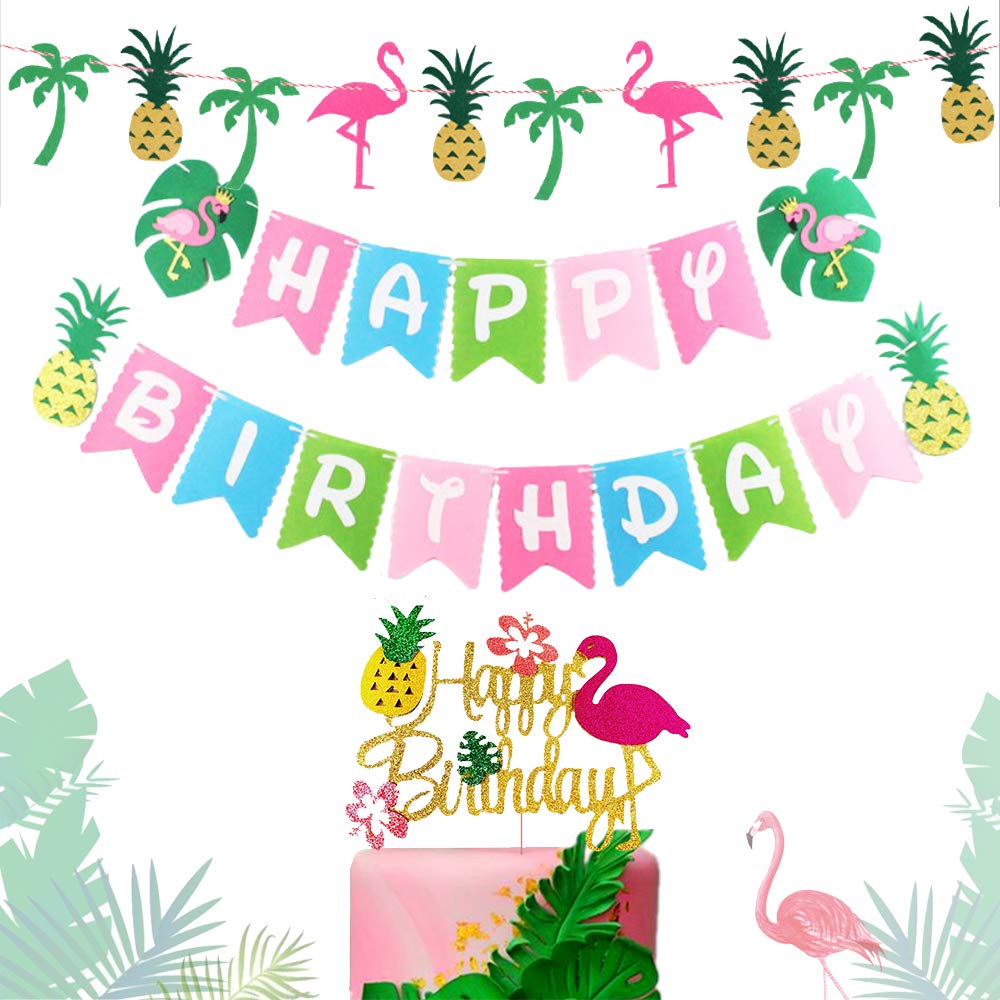 LaVenty 3-Piece Flamingo Birthday Party Decor Set - Tropical Cake Topper, Banner & Luau Decorations for Hawaiian Themed Parties, Poolside Celebrations & Summer Events