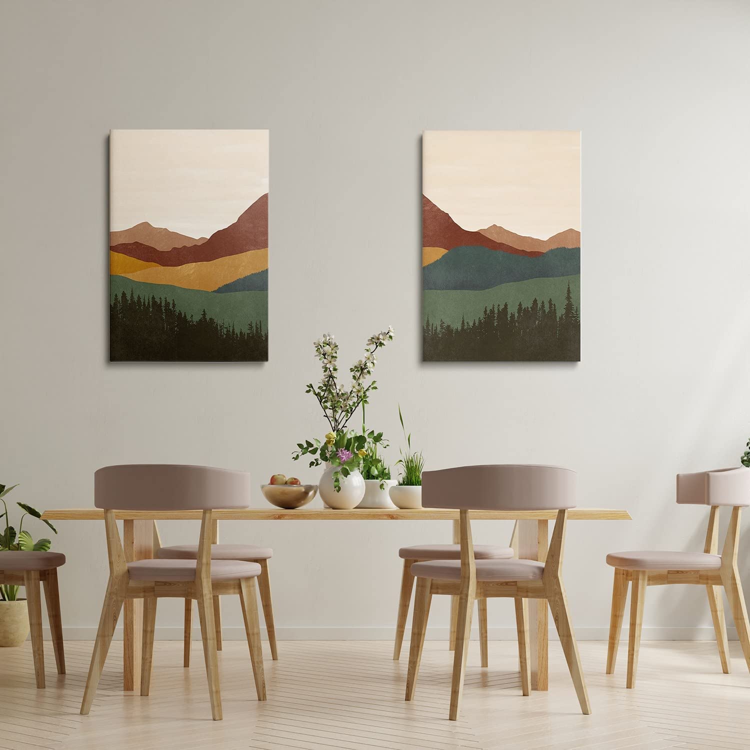 Mid Century Boho Minimalist Canvas Prints - Set of 2 Framed Wall Art (24x36 inch) - Modern Mountain & Abstract Landscape Paintings for Living Room, Bedroom, Dining Room Decor | Perfect for Bohemian Home Styling & Nature-Inspired Interior Design
