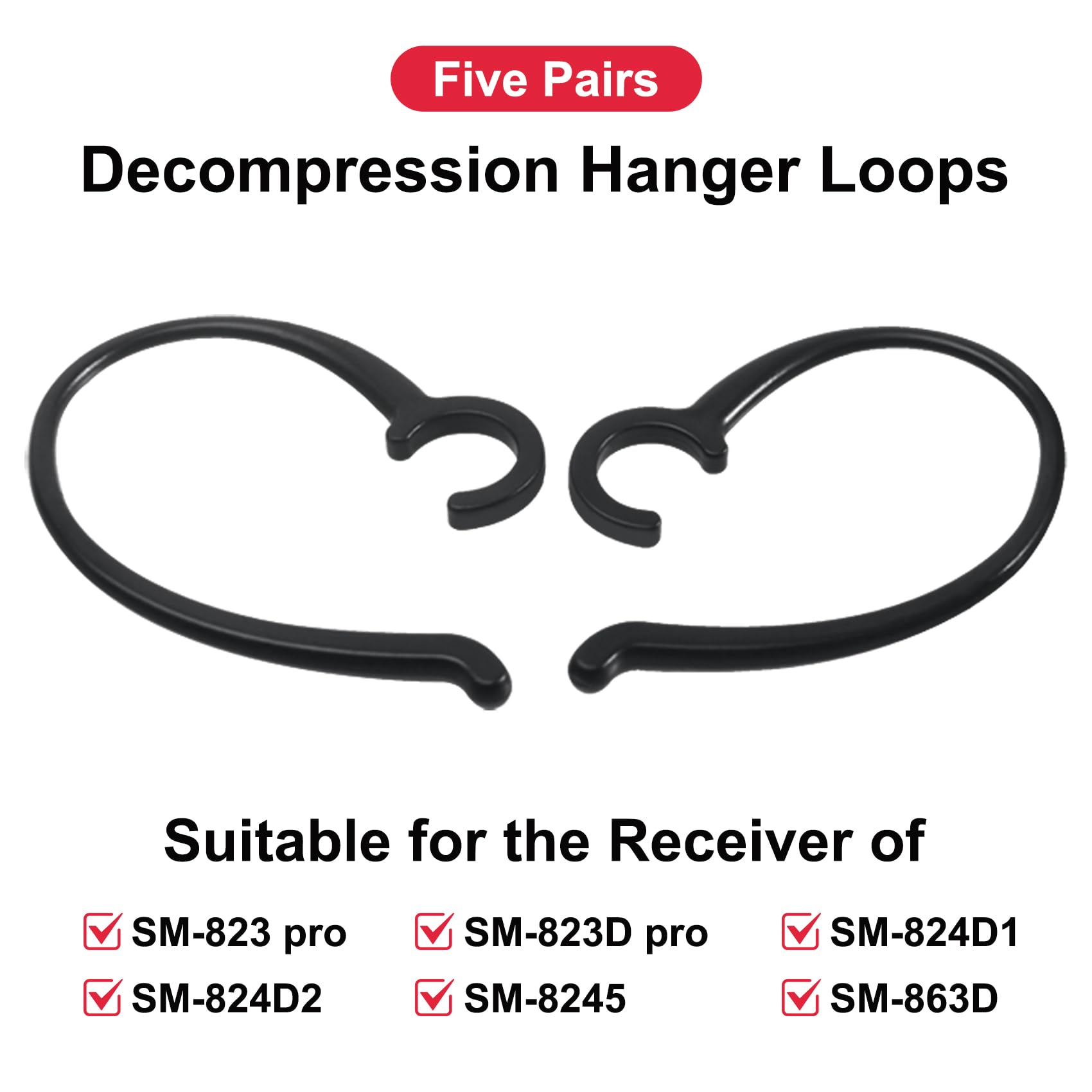 SIMOLIO Decompression Hanger Loops for Under-Chin Headsets - Wireless TV Headset Replacement Clip Ear Hook Compatible with SM-823 & SM-824 Series - 5 Pairs Black - Perfect for Watching TV, Gaming & Hands-Free Calling