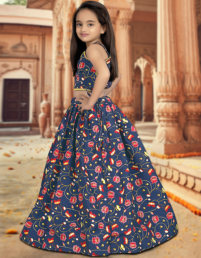 All-Season Designer Digital Print Silk Blue Kids Lehenga Choli - Soft Heavy Net Fabric for Festivals, Weddings & Special Occasions