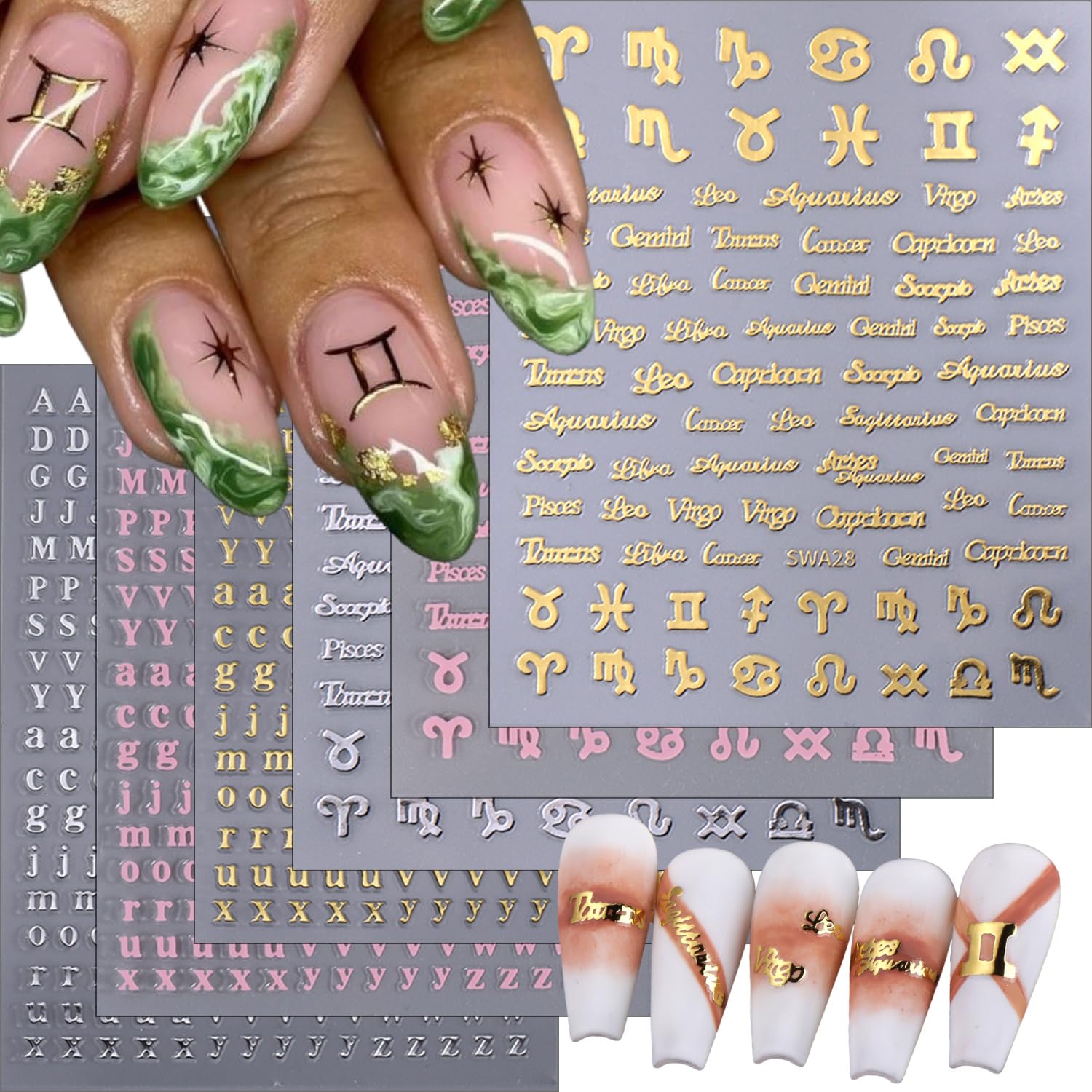 6 Sheets Letter Nail Art Stickers - 3D Self-Adhesive Gold Silver Pink Alphabet A-Z Nail Decals for DIY Manicure | Zodiac & Custom Nail Designs for Women | Perfect for Parties, Weddings, and Special Occasions