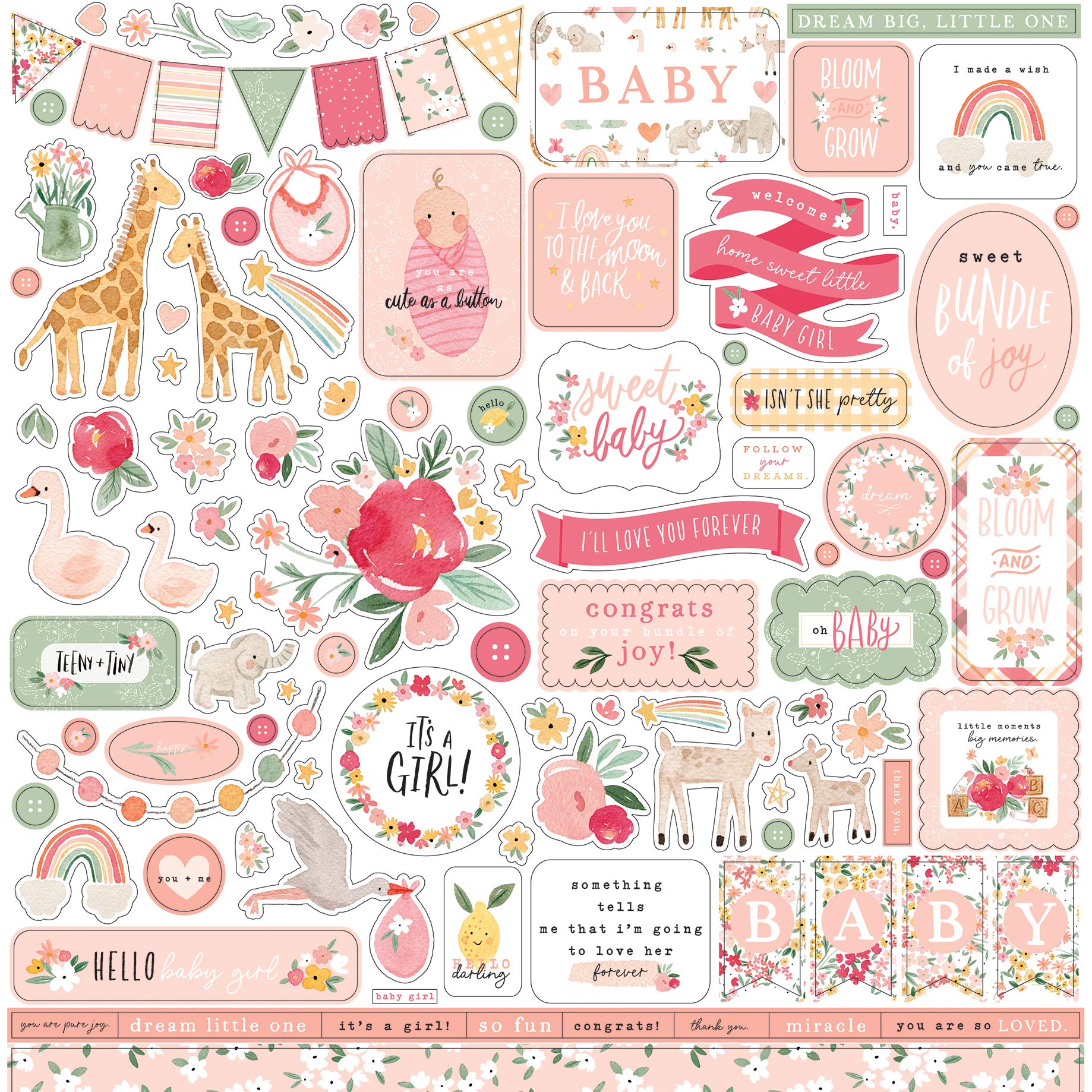 Echo Park Paper Collection Bundle - Welcome Baby Girl 12x12 Scrapbook Kit with Cardstock Elements & Sticker Sheets for Baby Shower, Nursery Decor, and Memory Book Making