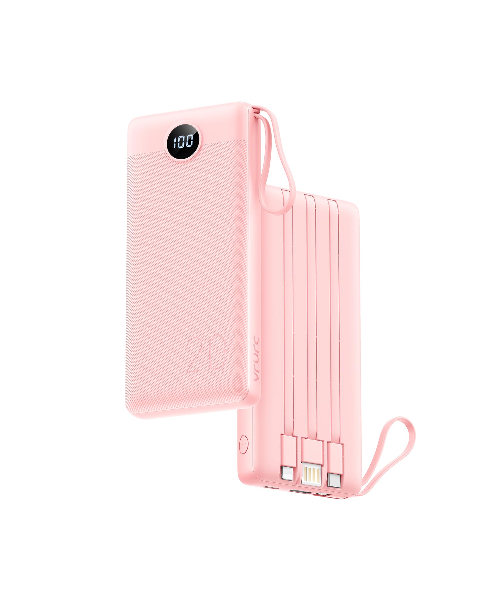 VRURC 20000mAh Power Bank with Built-in Fast Charging Cables | 18W PD & QC 3.0 Quick Charge | 5 Outputs & 2 Inputs USB C Portable Charger for iPhone, Samsung, Android Phones | Perfect for Travel, Camping, and Emergency Power Backup
