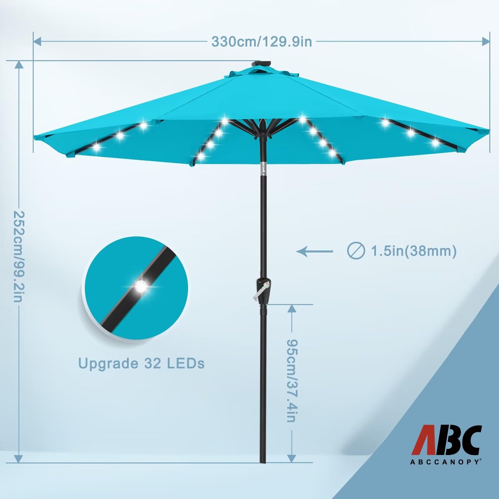 ABCCANOPY 11FT Solar LED Patio Umbrella with 32 LED Lights - Durable Outdoor Shade Umbrella for Garden, Poolside & Backyard (Turquoise) | Weather-Resistant & Energy Efficient for Patio, Deck & Outdoor Dining
