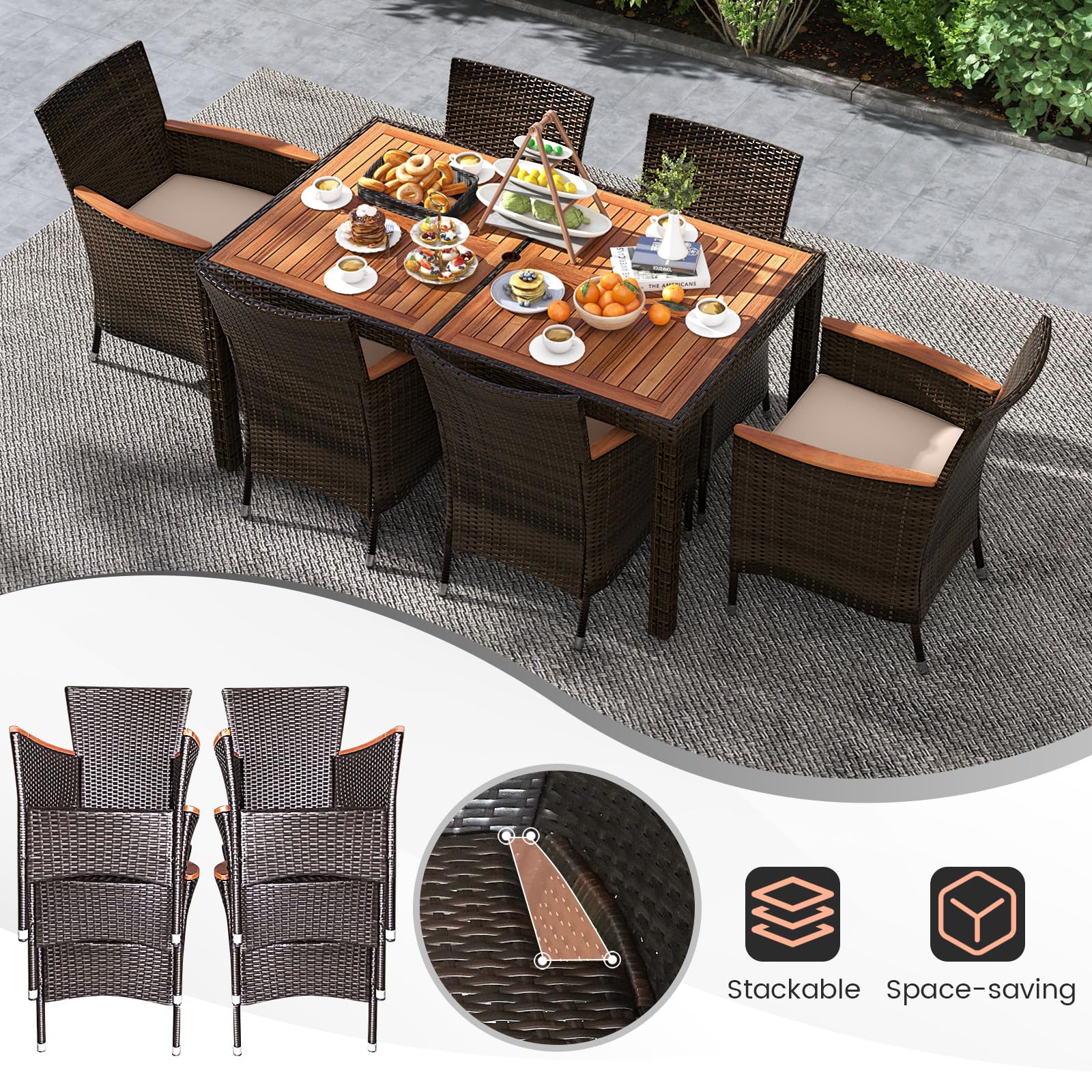Tangkula 7-Piece Outdoor Wicker Dining Set with Acacia Wood Table & 6 Stackable Chairs - Patio Furniture with 1.96