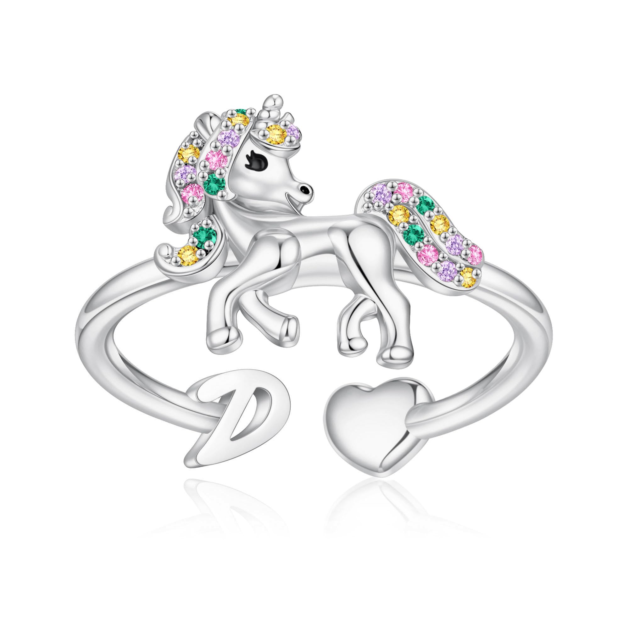 Unicorn Initial Rings for Teen Girls - Rose Gold & White Gold Plated Heart Letter Rings | Adjustable Stackable Rings for Women & Girls | Perfect Birthday Gift, Friendship Jewelry & Unicorn Lover Present | Great for Everyday Wear, Special Occasions & Gift Giving