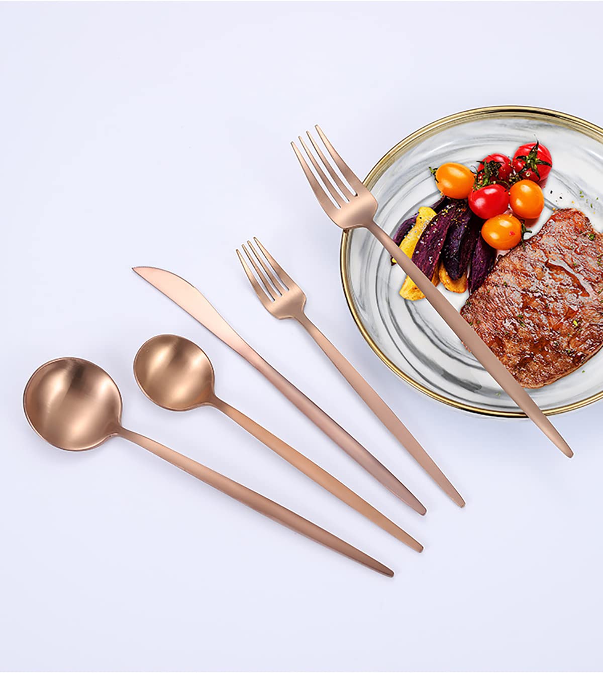 IKXO 25-Piece Matte Rose Gold Silverware Set - Stainless Steel Flatware Set for 5, Satin Finish Kitchen Utensils & Dishwasher Safe Cutlery | Elegant Dining, Wedding Registry & Dinner Party Tableware