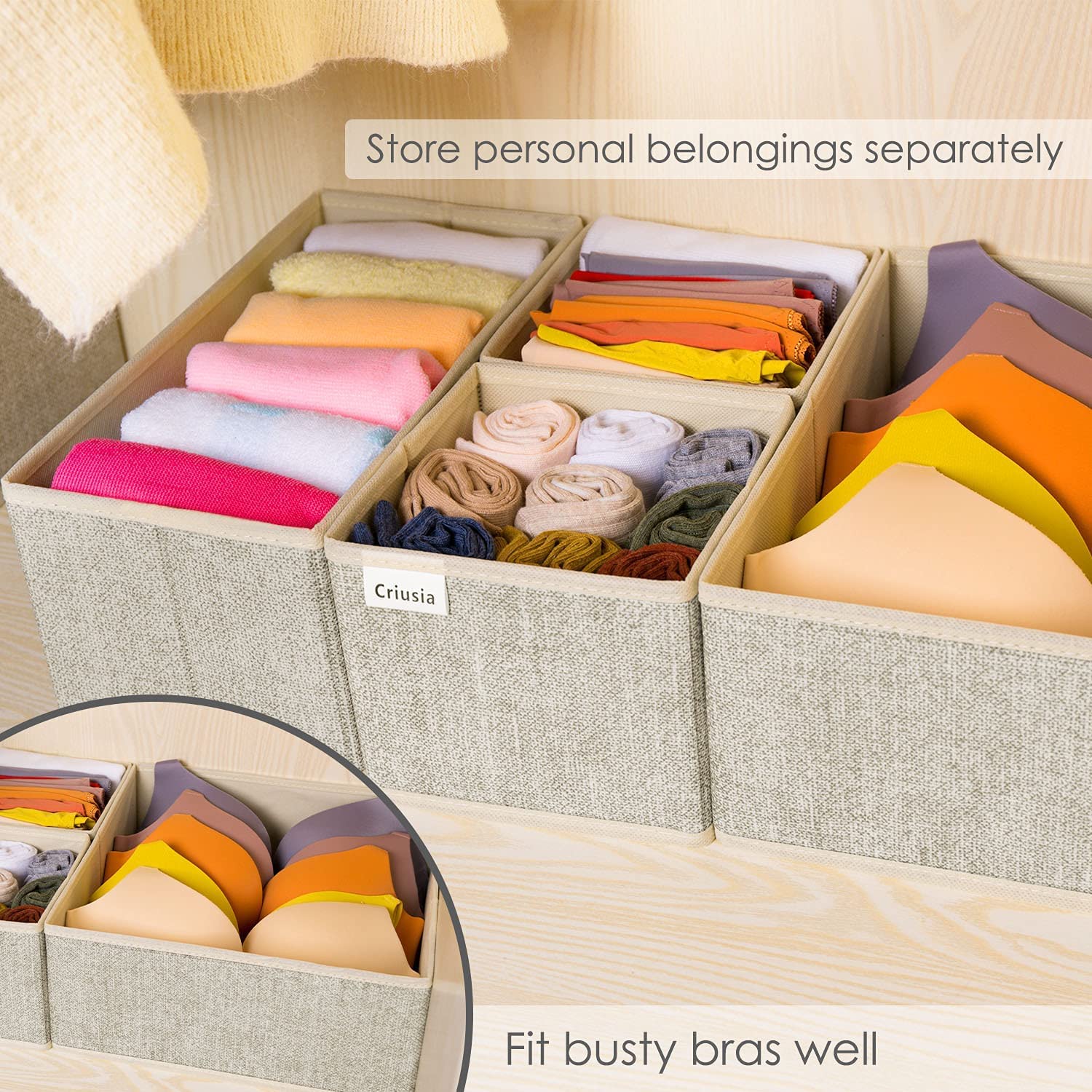 Criusia 6-Piece Foldable Underwear Drawer Organizer Set - Closet Dividers & Storage Bins for Clothes, Socks, Bras, Panties (Beige) | Perfect for Bedroom, Dresser & Closet Organization