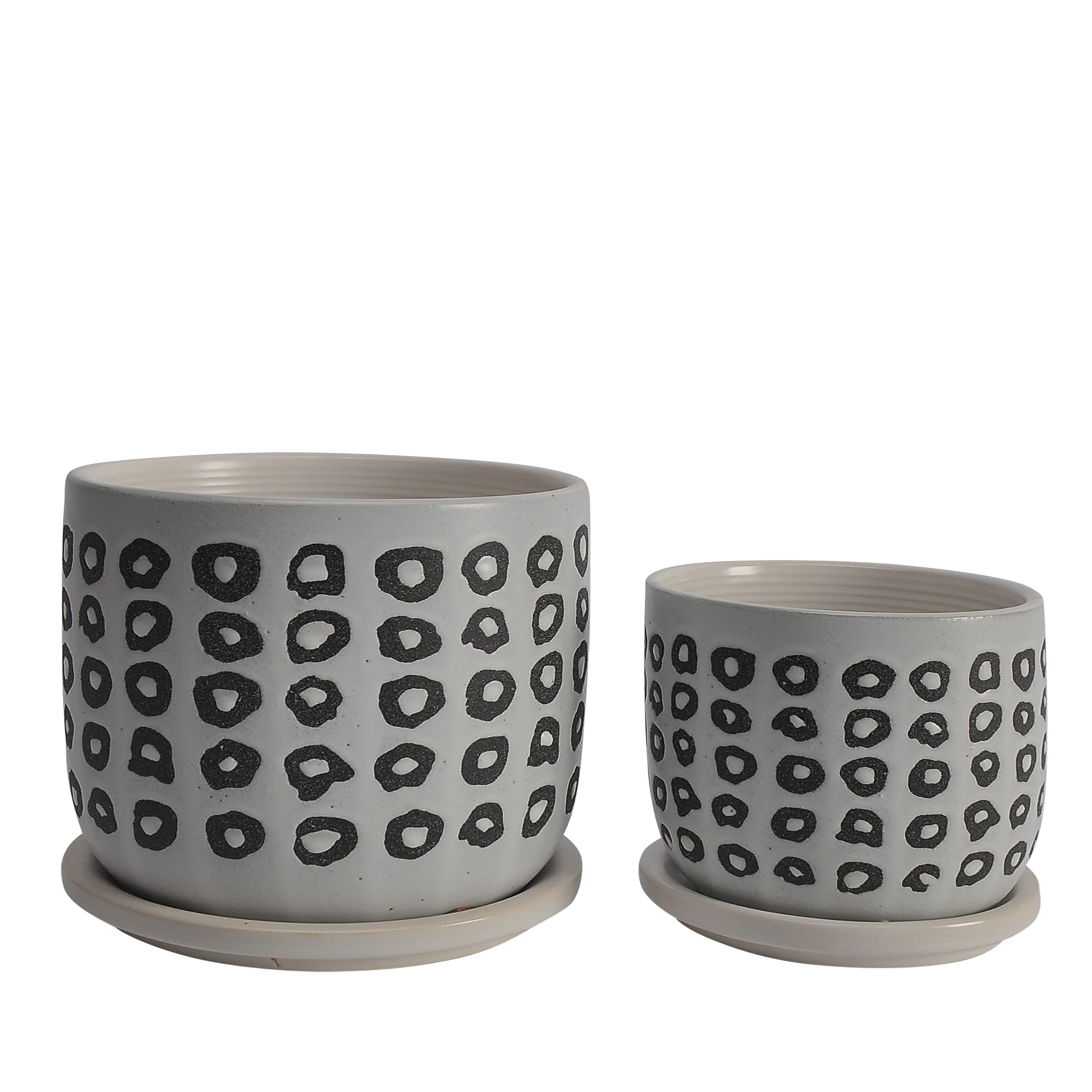 Set of 2 Modern Aztec Design Ceramic Plant Pots with Matching Saucers - White & Black Indoor Outdoor Flower Planters for Succulents, Herbs, Home & Garden Decor