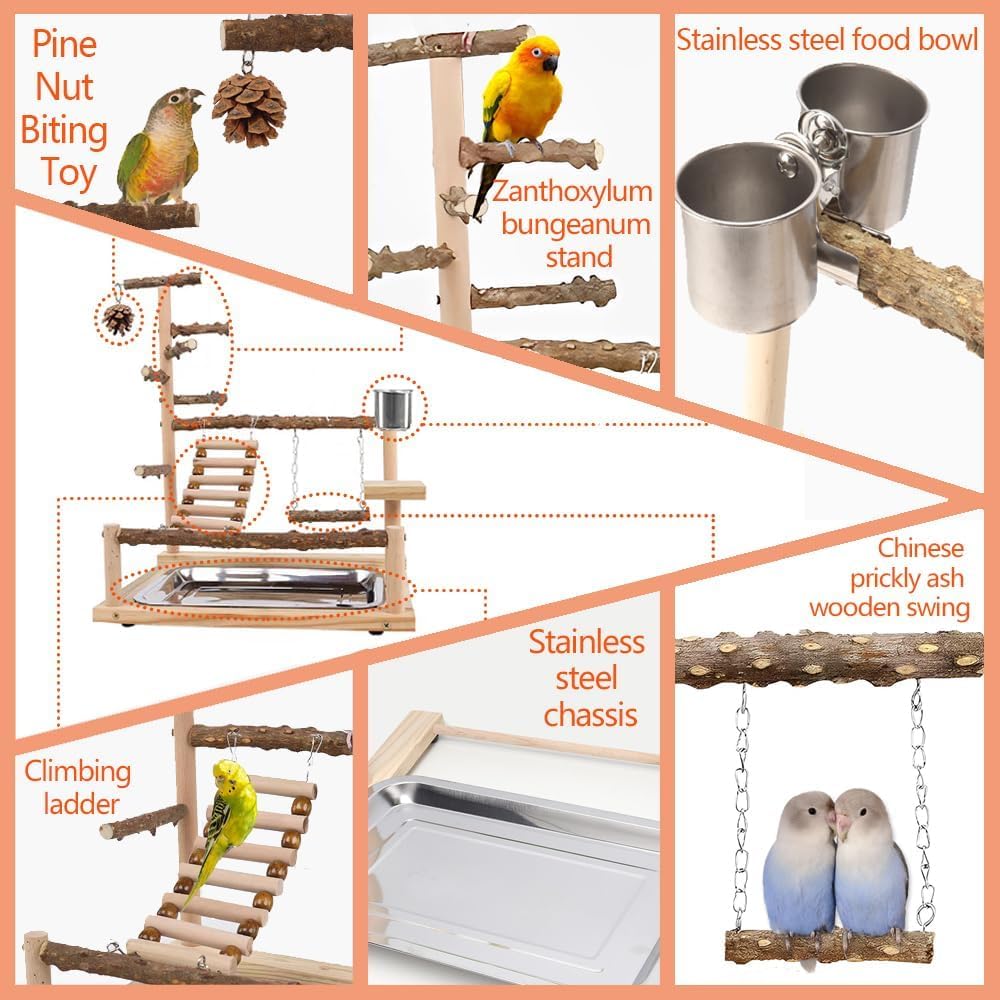 Premium Wooden Parrot Playground Stand - Chewable Bird Perch, Ladder & Swing Toy with Bell & Feeder for Parrots, Cockatiels, Lovebirds | Interactive Bird Cage Accessories for Exercise & Entertainment