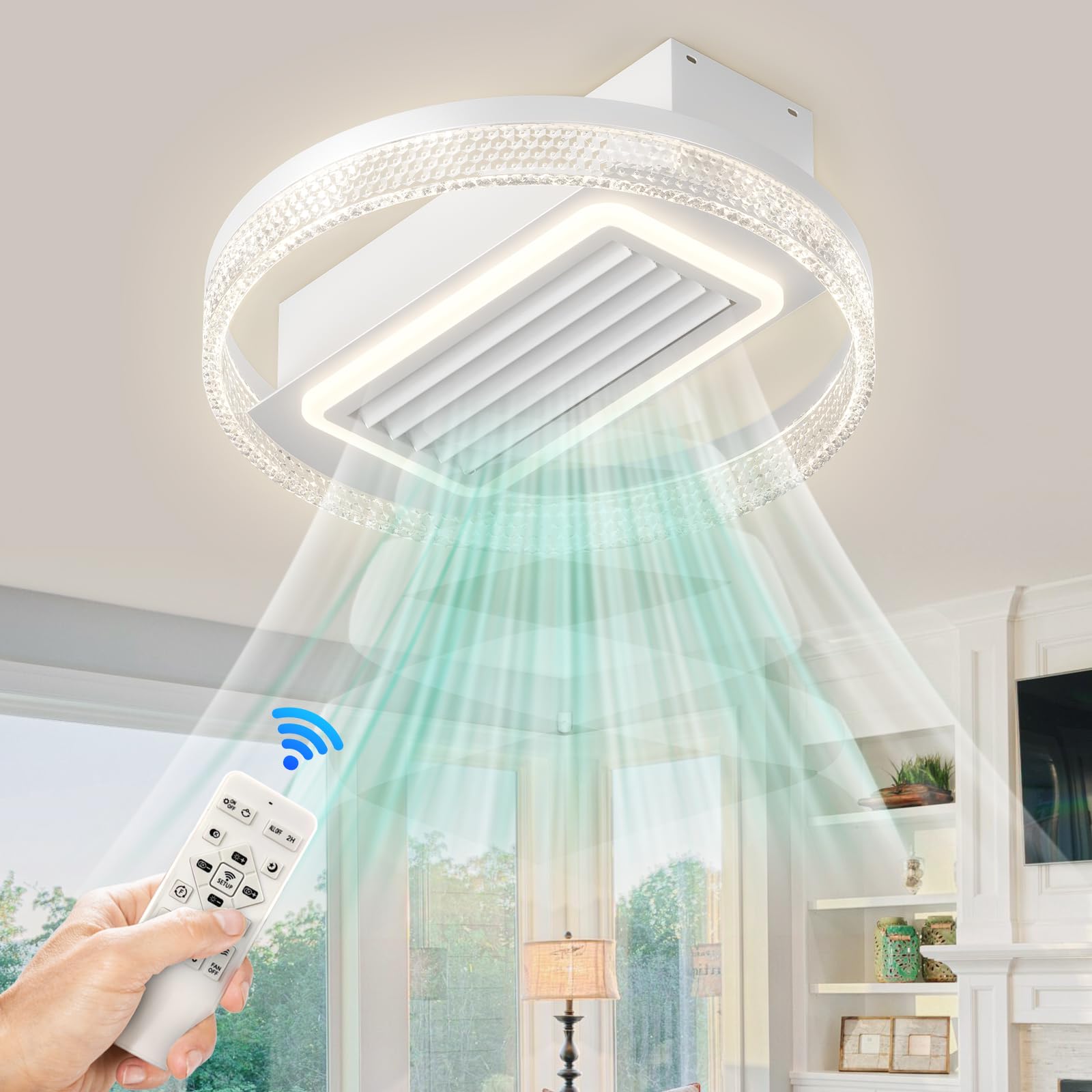 20-Inch Crystal Bladeless Ceiling Fan with LED Light - Remote Control, 6 Speed Settings & Dimmable Lighting - Modern Flush Mount for Bedroom, Living Room & Office