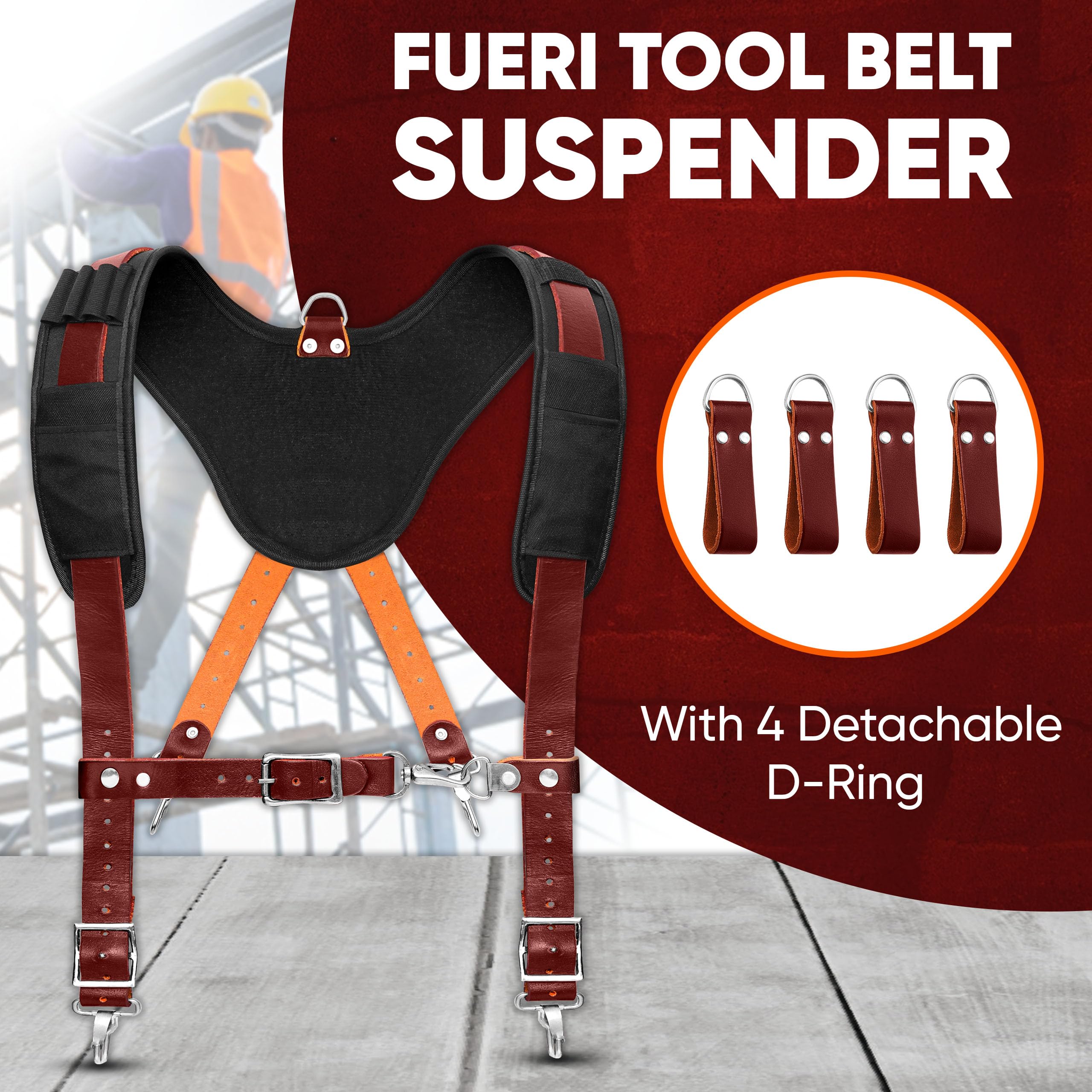 FUERI Tool Belt Suspender with 4 Detachable D-Loops - Heavy Duty Construction Work Belt Suspenders with Adjustable Front Clips | Perfect for Carpenters, Electricians & DIY Home Improvement Projects