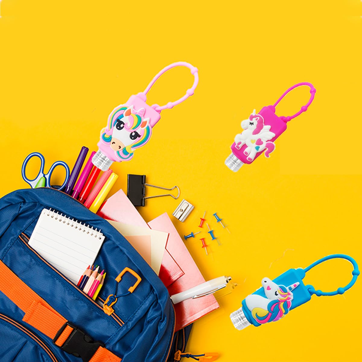 4Pcs Unicorn Kids Travel Bottles Set - Leak Proof Refillable Toiletries Containers with Detachable Hand Sanitizer Holder & Silicone Case | Cute Cartoon Empty Bottles for Shampoo, Lotion, Soap | Perfect for School, Vacation, Camping Trips