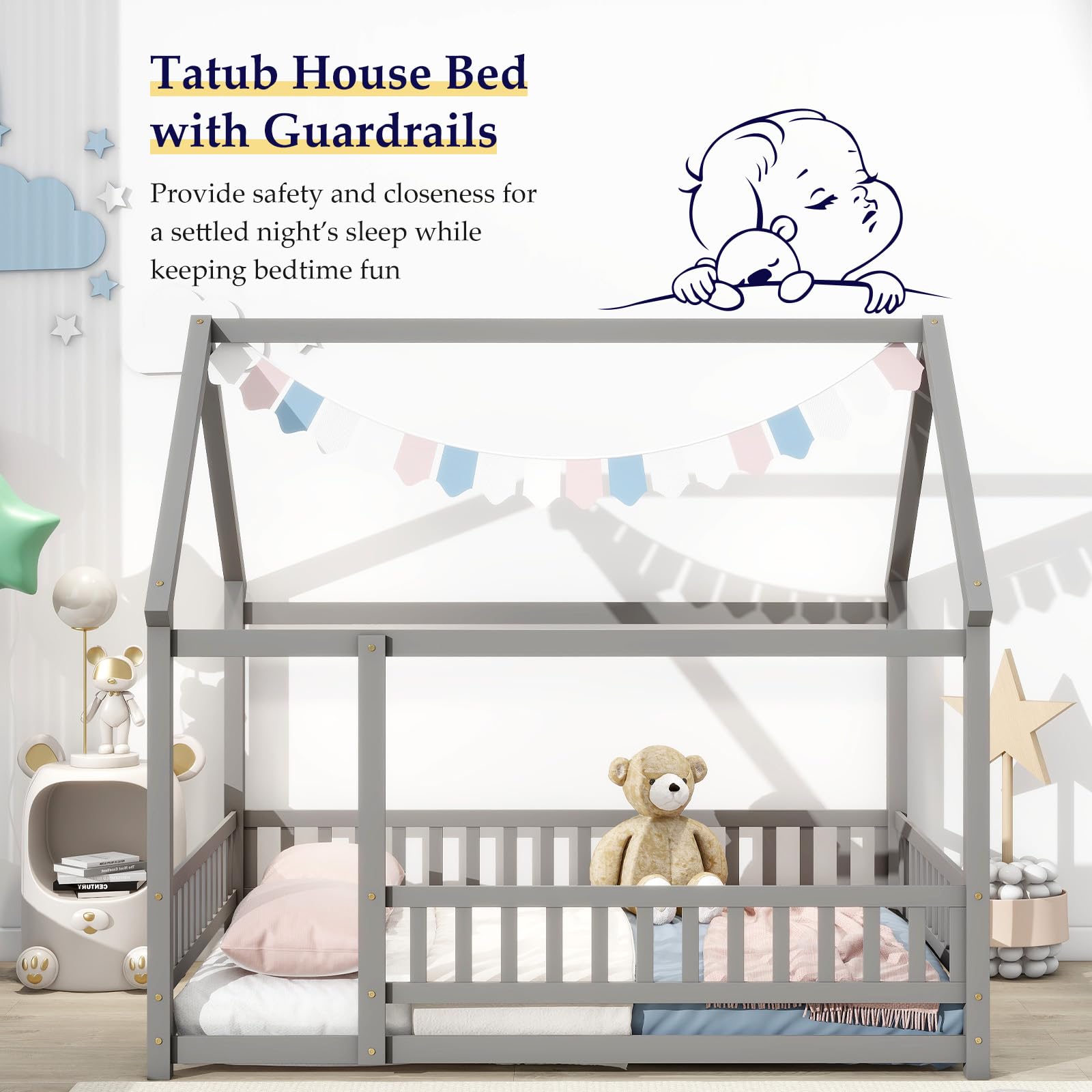 Montessori Floor Bed for Kids - Full Size Wooden House Bed with Safety Rails & Roof - Grey - Perfect for Girls & Boys Bedroom, Playroom or Montessori Classroom