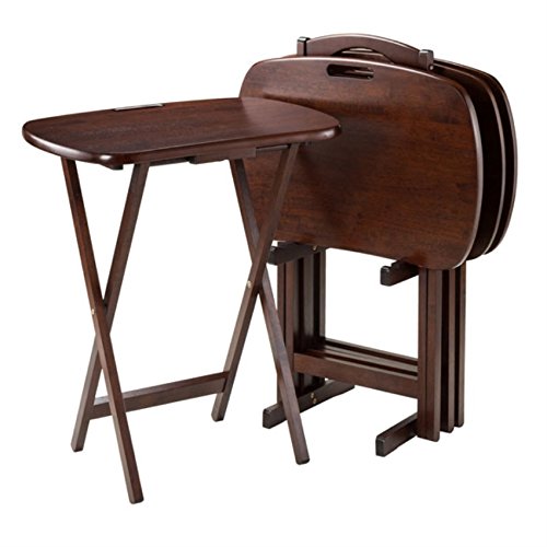 Ergode Wood 5-Piece Folding Snack Table Set with X-Frame Base & Upright Stand - Easy Assembly, Durable & Stylish Brown Side Tables for Living Room, Patio, or Outdoor Entertaining