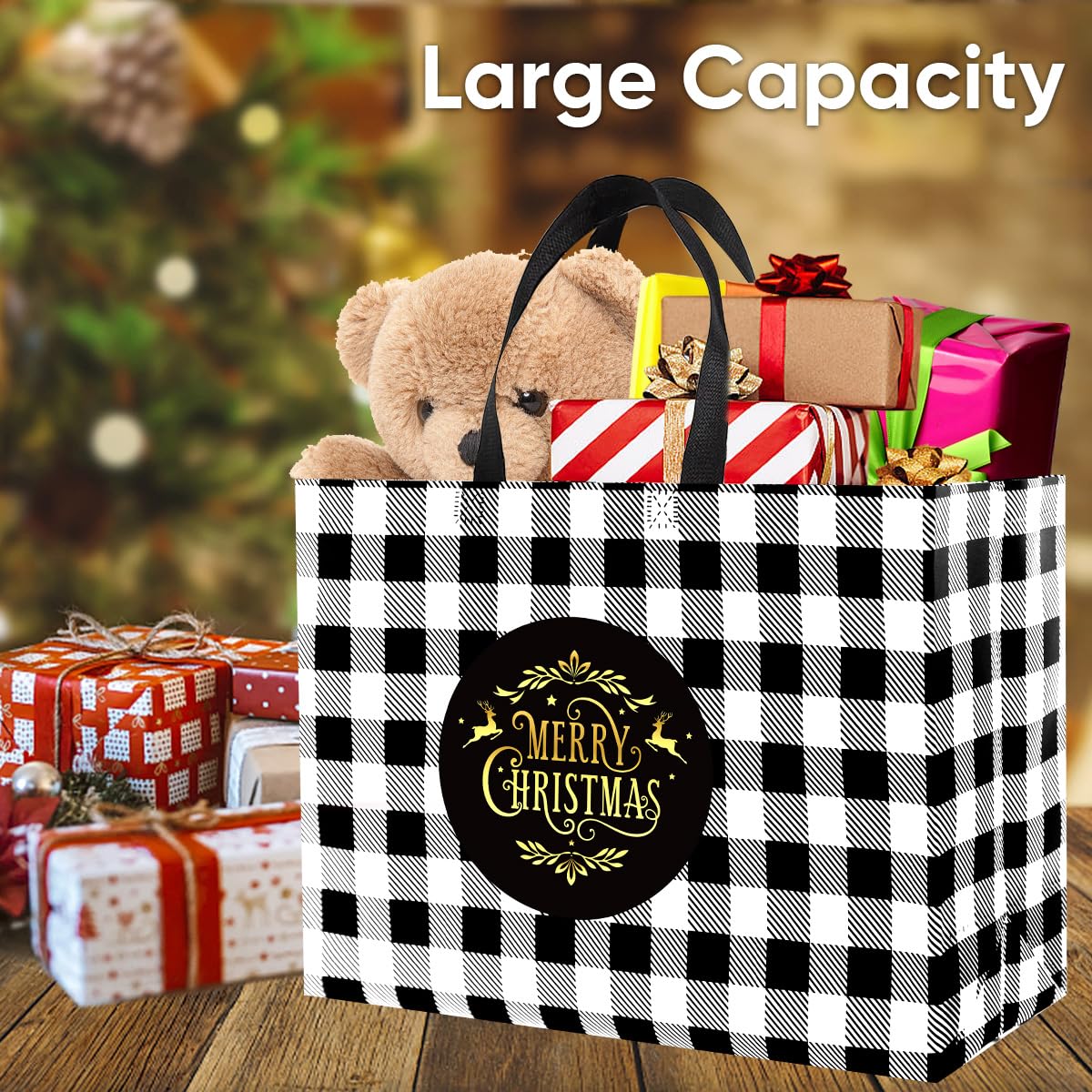 16PCS Extra Large Reusable Christmas Tote Bags with Handles - Eco-Friendly Holiday Gift Bags for Christmas Shopping, Party Decorations & Grocery Storage - Perfect for Xmas Gifts, Holiday Parties & Home Organization
