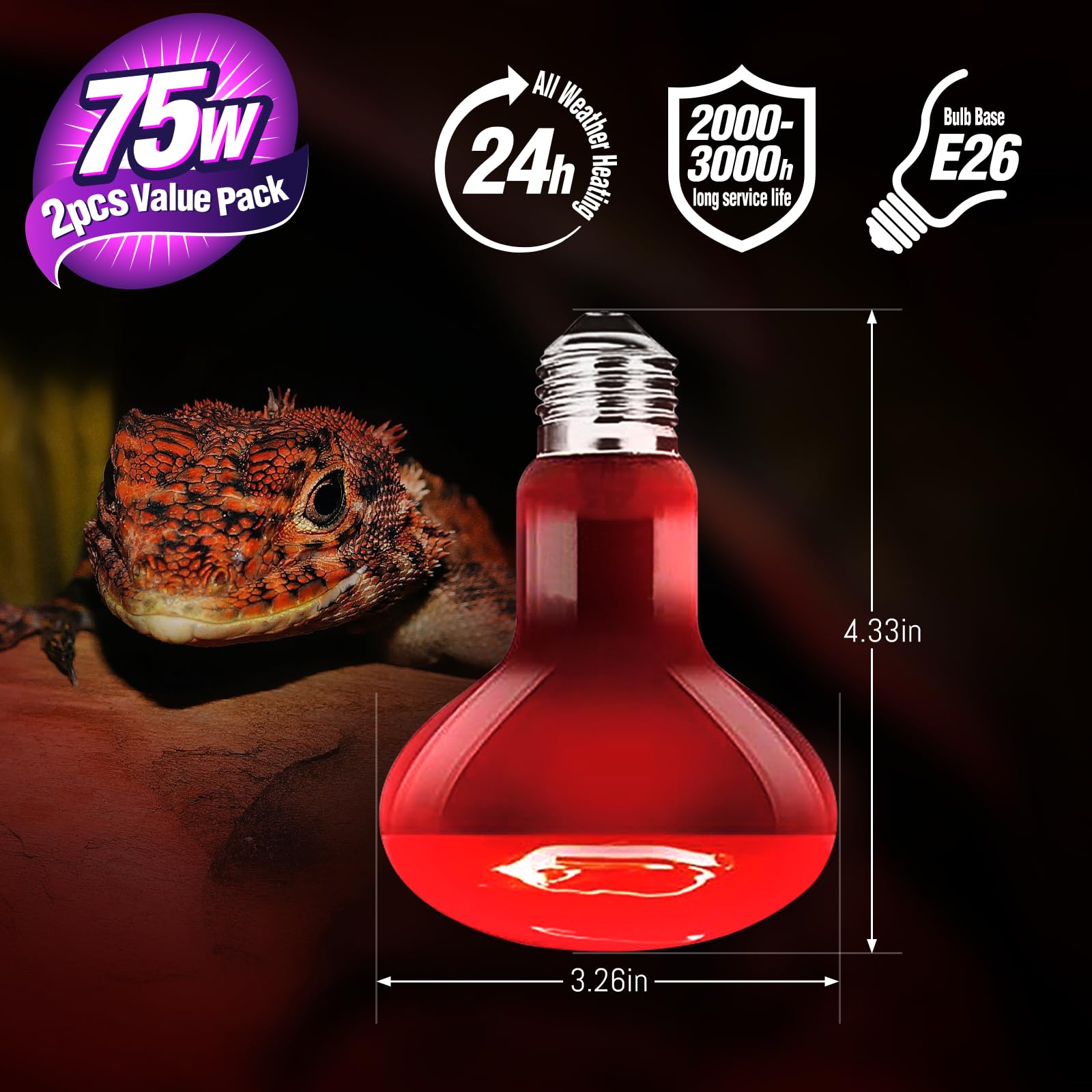 Leoterra 75W Reptile Heat Lamp 2 Pack - Red Night Heat Bulb for Terrariums, Dimmable Ceramic Heat Emitter with E26 Base for Lizards, Snakes & Amphibians - Long Lasting Reptile Night Light for Nocturnal Pets & Habitat Heating