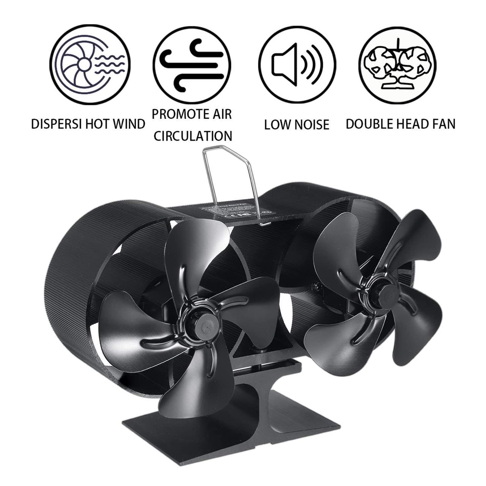 8 Blades Fireplace Fan - Dual Head Wood Stove Fan for Efficient Heat Distribution, Quiet & Eco-Friendly, Black - Perfect for Fireplace, Wood Stove, and Home Heating
