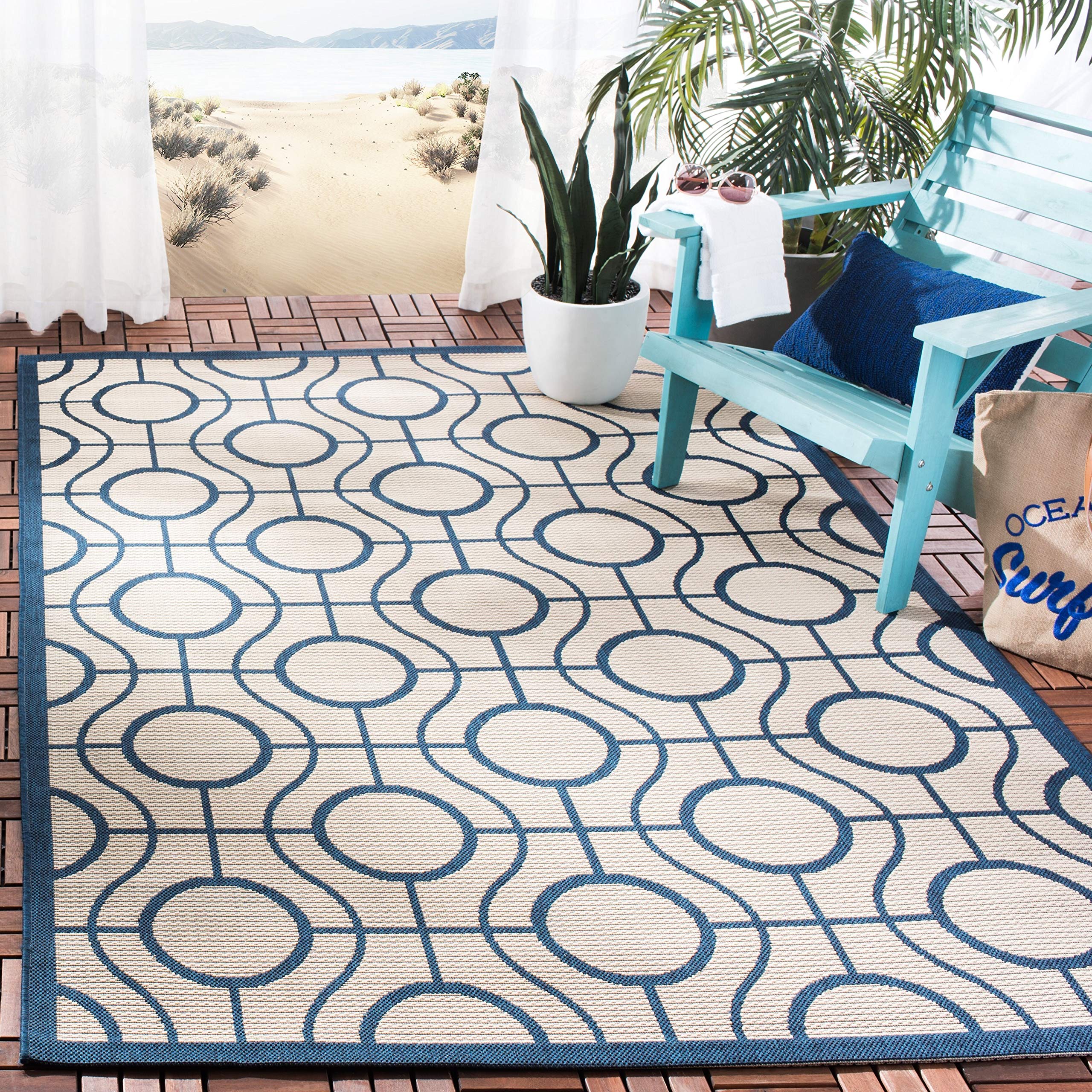 SAFAVIEH Courtyard Collection 8' x 11' Beige/Sweet Pea Indoor Outdoor Waterproof Area Rug - Easy to Clean, Perfect for Patio, Backyard, Deck & Poolside Use