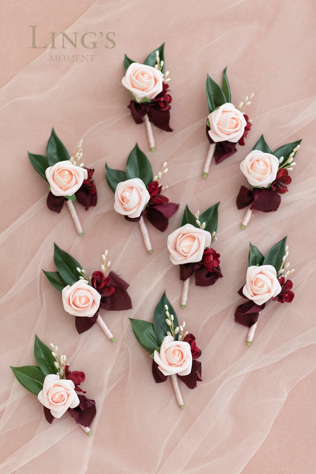 Ling's Moment 10pcs Artificial Flower Boutonnieres for Men - Groomsmen Wedding Boutonniere Set in Red Blush Pink - Perfect for Weddings, Prom, Homecoming & Formal Events