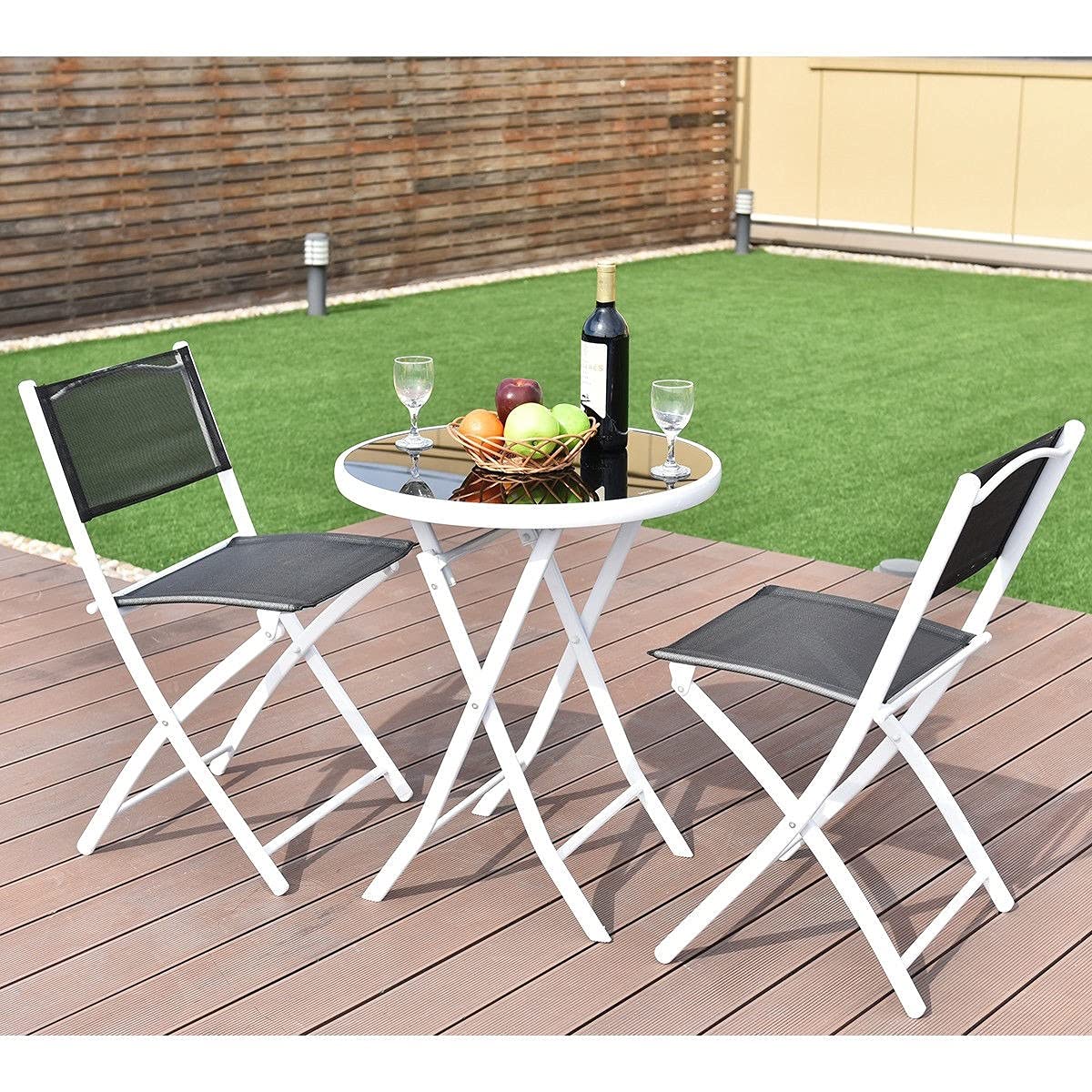 HUIJK 3-Piece Folding Bistro Table and Chairs Set - Outdoor Patio Garden Furniture for Backyard, Balcony, or Poolside (Color: Black)