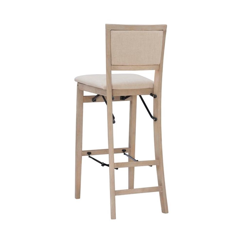 Linon Keira Graywash Wood Folding Bar Stool with Padded Fabric Seat & Back - Perfect for Kitchen Islands, Home Bars & Small Spaces