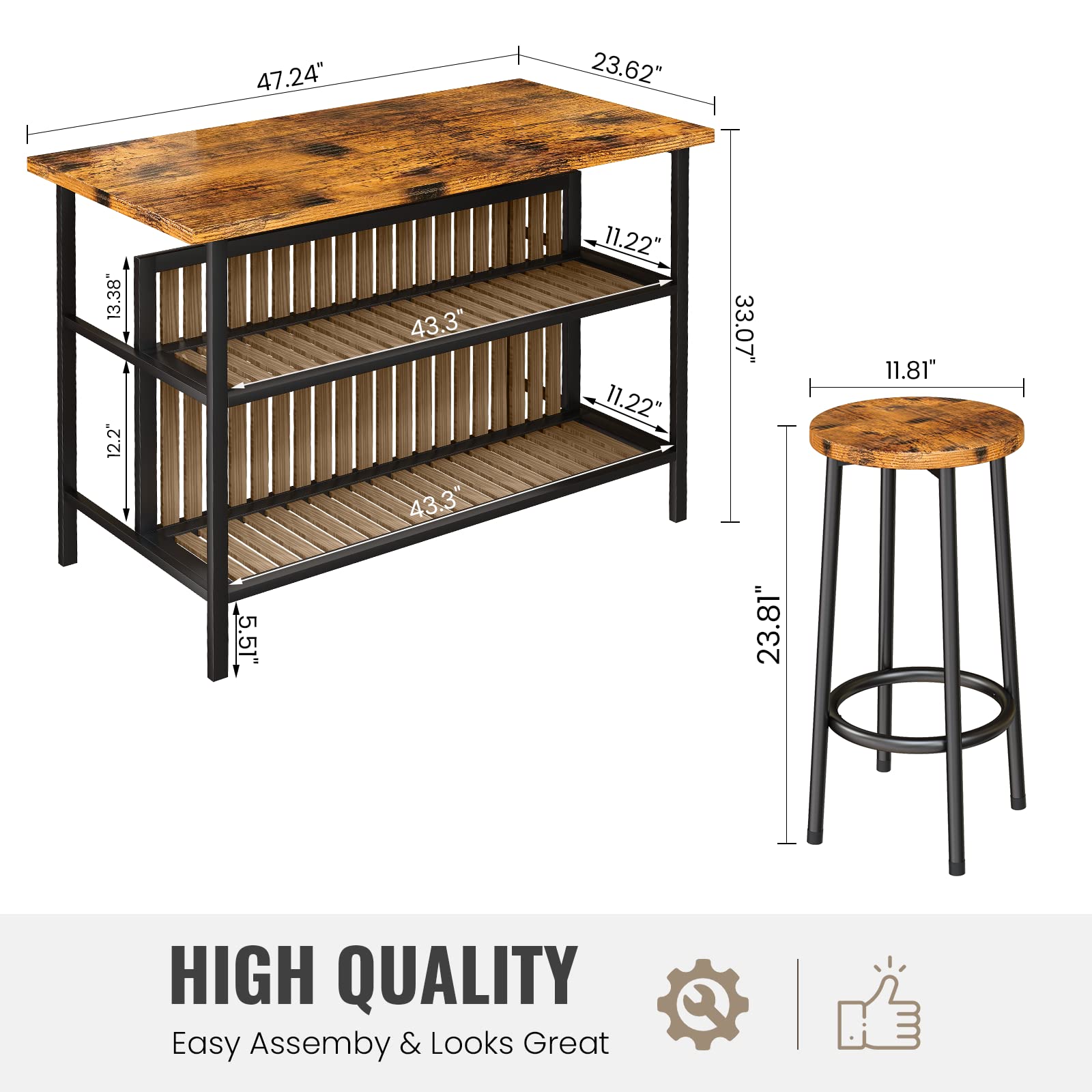 Lamerge 3-Piece Industrial Bar Table and Chairs Set with Storage Shelves, Walnut Counter Height Kitchen Island Table for 2, Perfect for Small Spaces, Dining Room, and Kitchen Breakfast Nook