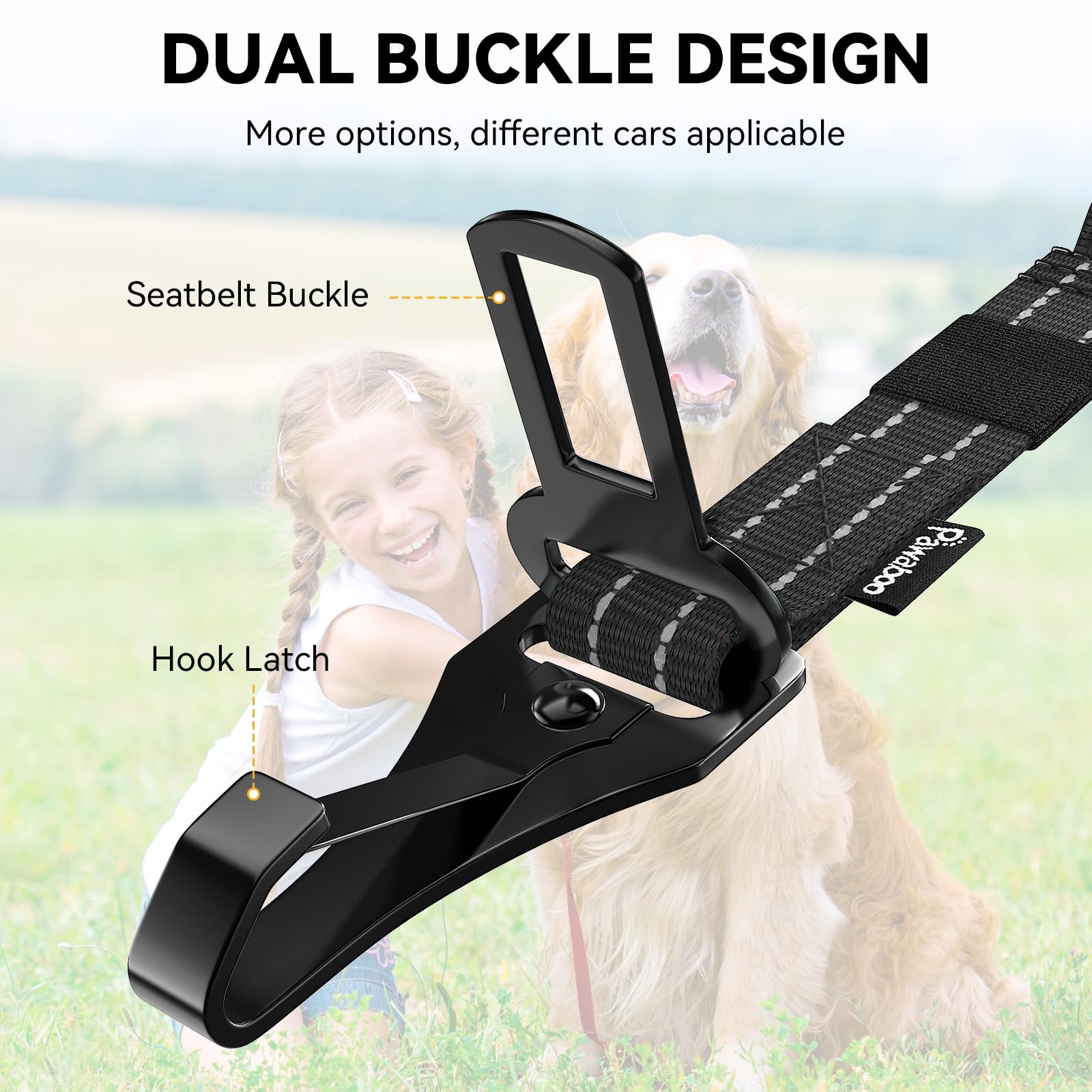 Pawaboo 2-Pack Dog Seat Belt for Cars - Adjustable 3-in-1 Pet Car Safety Harness with Shockproof Bungee, Reflective Leash & 360° Lockable Buckle - Perfect for Road Trips, Daily Commutes & Travel with Your Dog (Black)