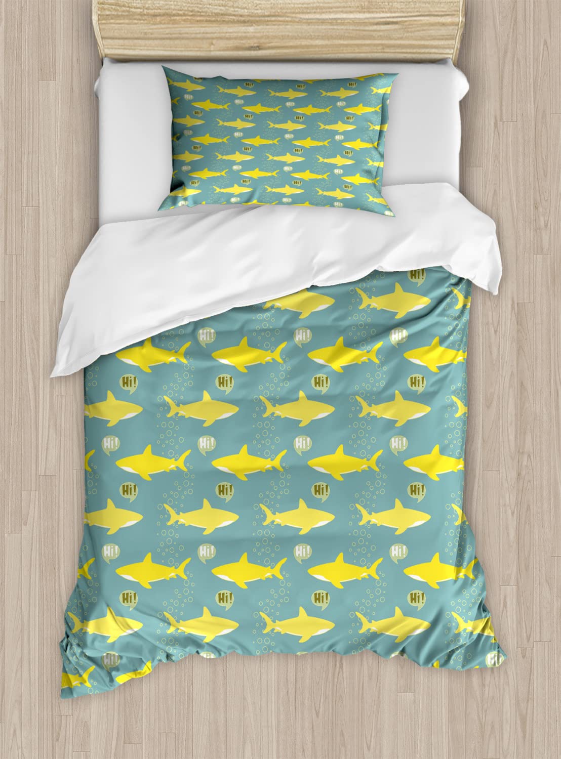 Ambesonne Shark Duvet Cover Set - King Size 2-Pack with 2 Duvet Covers & 4 Pillowcases, Nautical Ocean Theme in Sea Green & Yellow | Perfect for Shark Lovers, Kids' Rooms, Beach House Decor & Marine-Themed Bedrooms