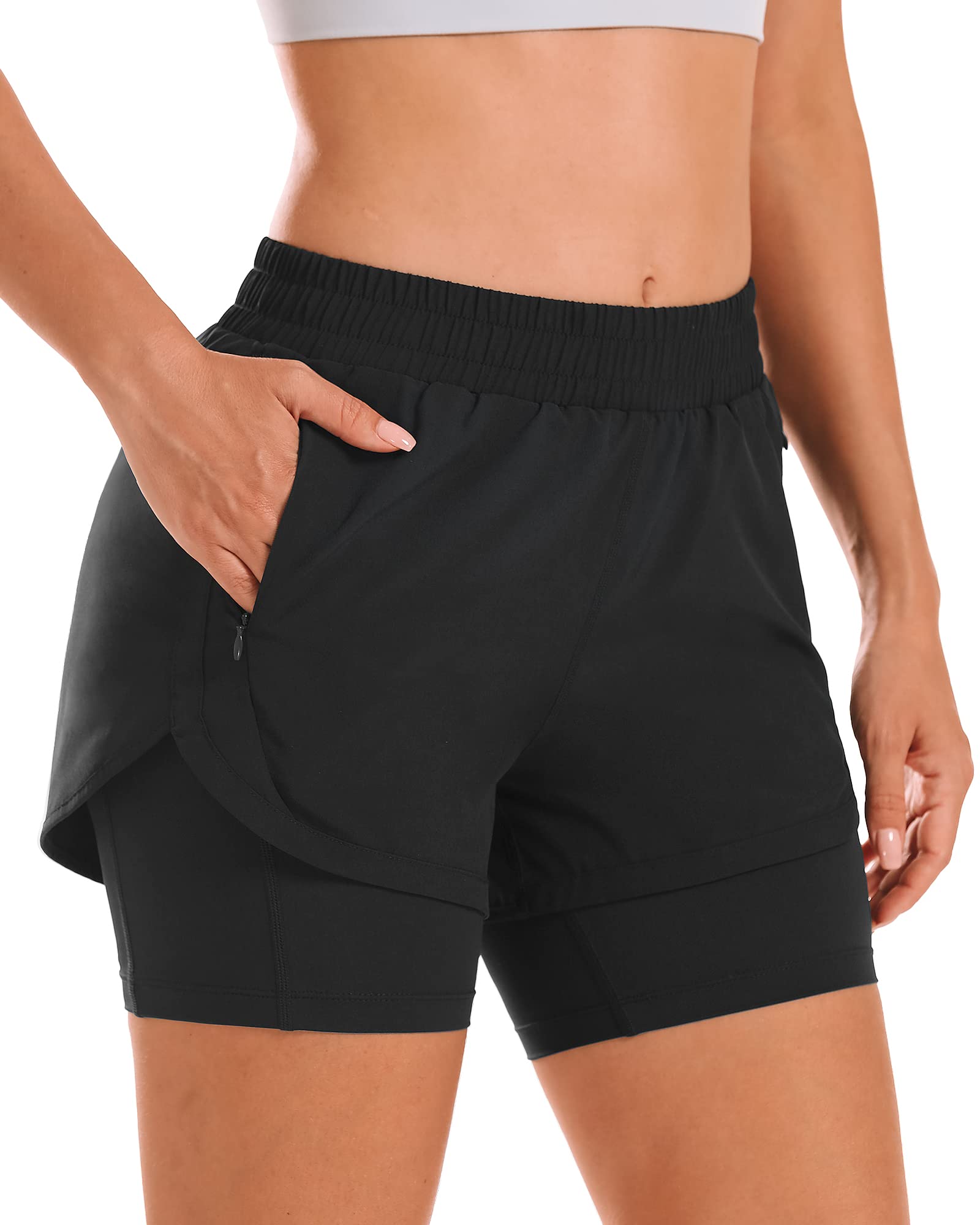 Stelle Women's 2-in-1 High Waisted Running Shorts with Liner & Zipper Pockets - Breathable Workout Shorts for Gym, Yoga, Jogging and Outdoor Activities
