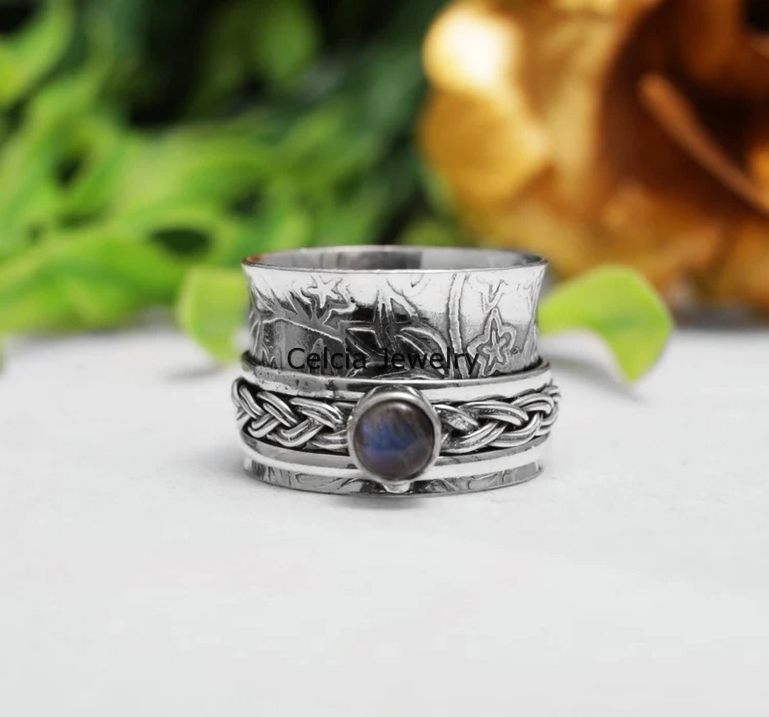 Genuine Labradorite Gemstone Silver Spinner Ring - Floral Anxiety Relief & Meditation Spinning Ring for Stress Relief, Unisex Gift (Size 7) | Perfect for Fidgeting, Mindfulness Practice & Everyday Wear