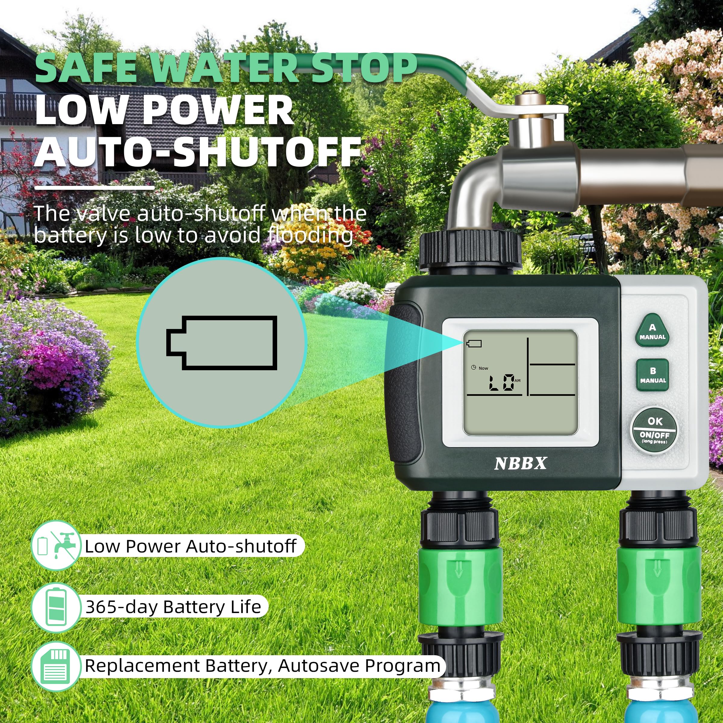 Programmable 6830G Sprinkler Hose Watering Timer - Automatic/Manual Garden Irrigation System with 2 Outlets (Green) | Perfect for Lawn, Flower Beds & Vegetable Gardens