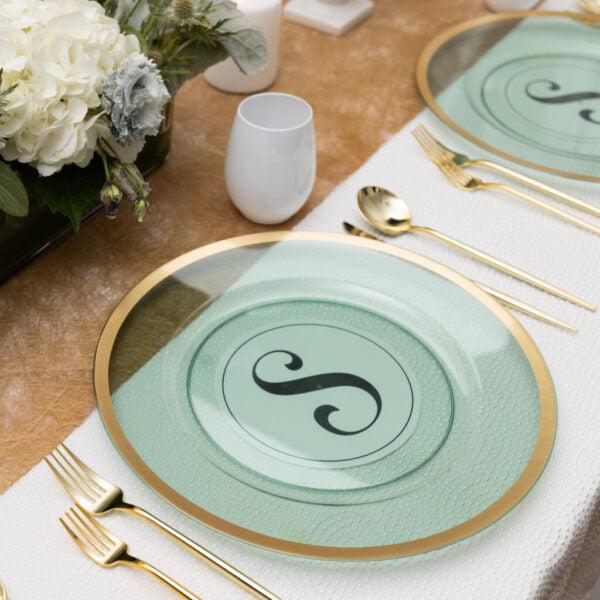 13 Inch Green and Gold Rim Plastic Charger Plates Set of 4 - Elegant Dinner Party Tableware for Weddings, Holidays & Formal Dining