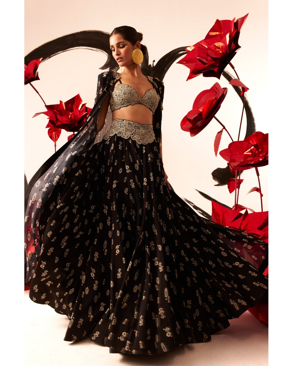 Elegant Black Floret Lehenga & Cape Set for Women - Indian Traditional Bridal Wear, Wedding Party Outfit, Festive Occasion Costume - Perfect for Diwali, Sangeet, Mehendi & Cultural Celebrations