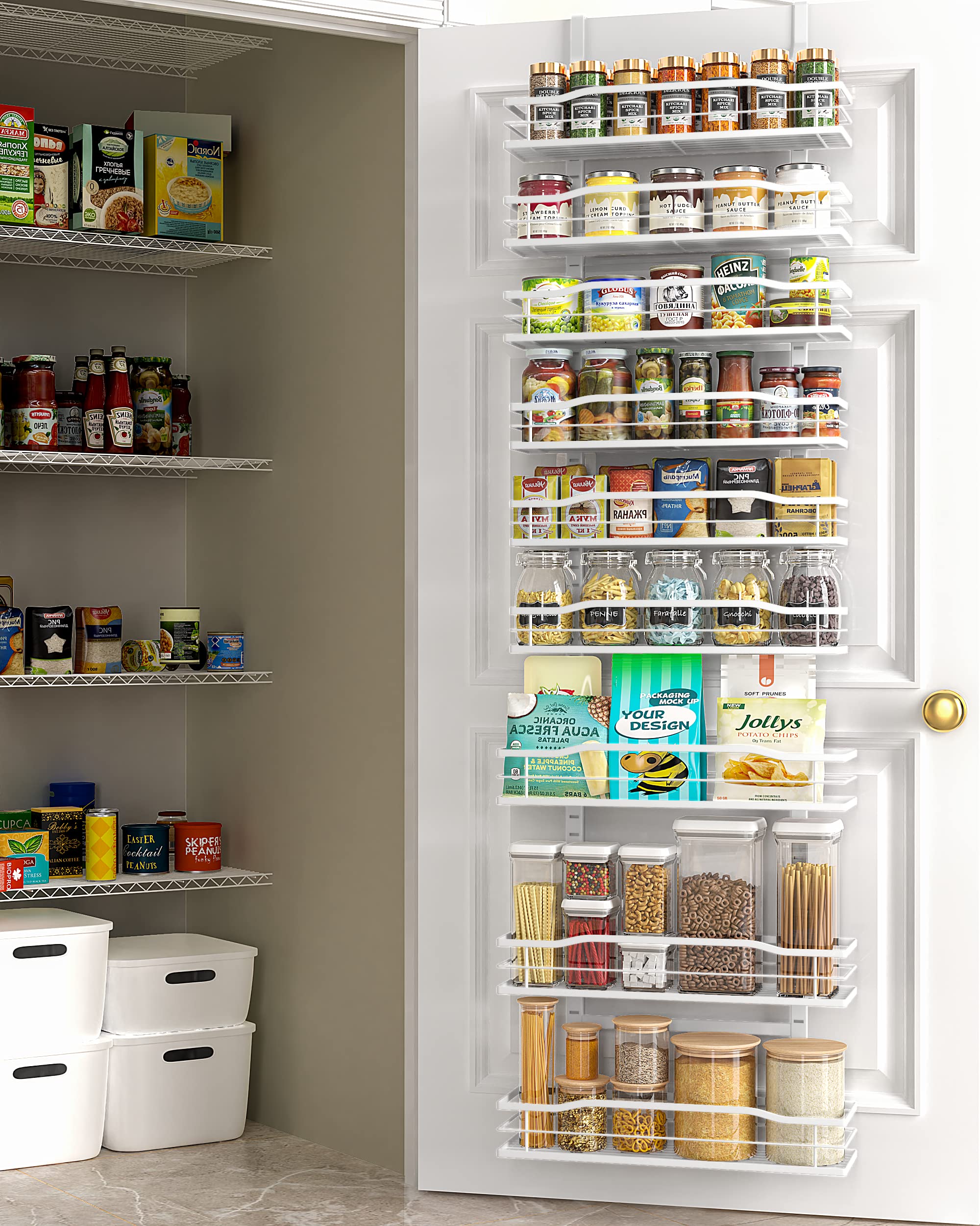 Moforoco White 9-Tier Over The Door Pantry Organizer - Metal Hanging Spice Rack Shelves for Kitchen, Bathroom & Laundry Room Storage - Space Saving Home Organization Solution for Spices, Toiletries & Cleaning Supplies