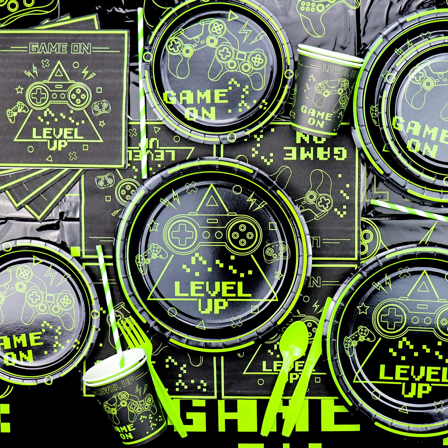 162Pcs Green Video Game Party Decorations Set - Includes Game On Plates, Napkins, Cups & Birthday Banner - Perfect for Boys Gaming Birthday Party & Level Up Theme - Serves 20 Guests - Ideal for Gaming Themed Birthday Parties, Game Night Decorations & Esports Events