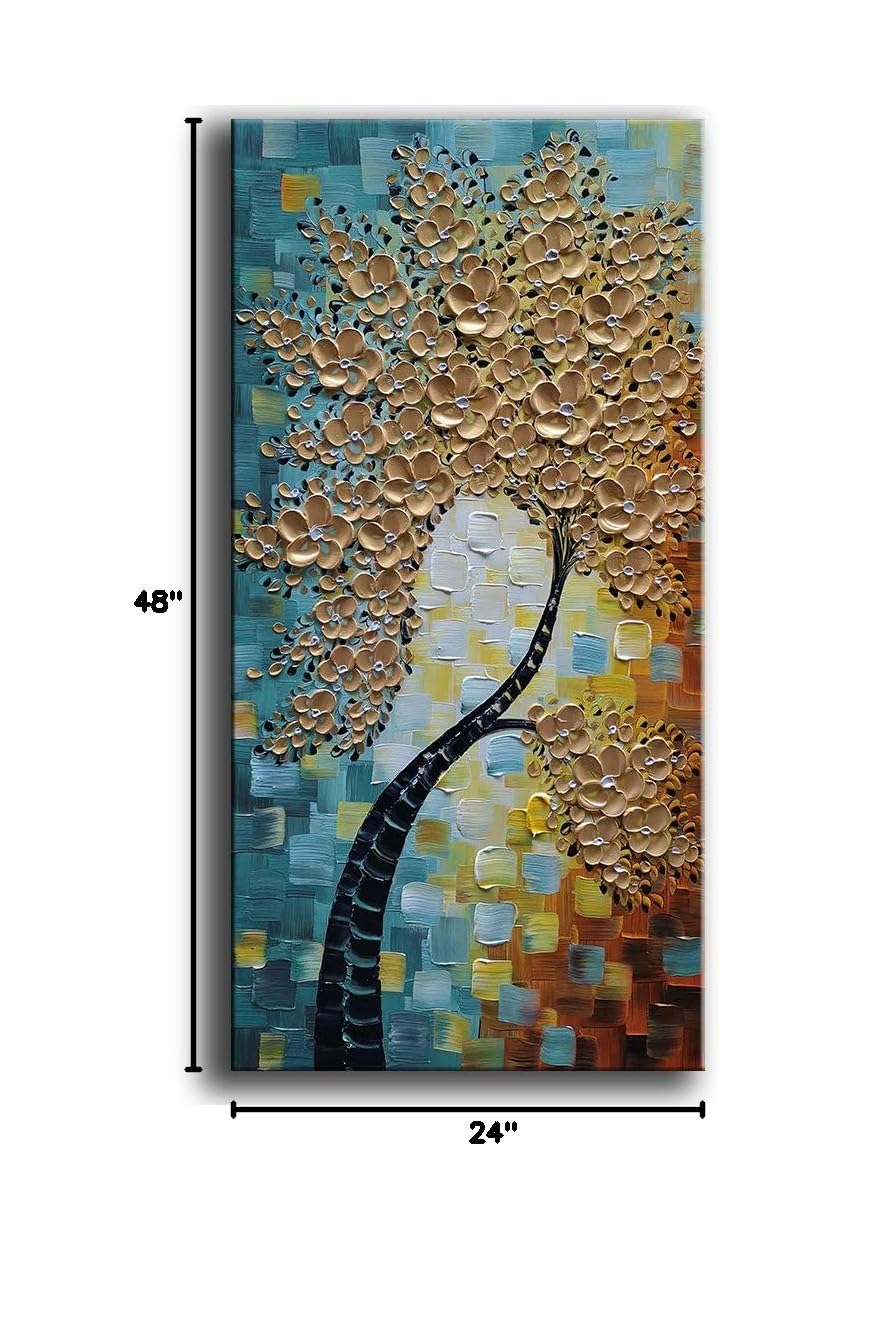 YaSheng Art - 3D Abstract Tree Oil Painting on Canvas with Golden Flowers, Modern Textured Wall Art for Living Room & Bedroom Decor, Ready to Hang (24x48 Inches) - Perfect for Home, Office & Gift Giving