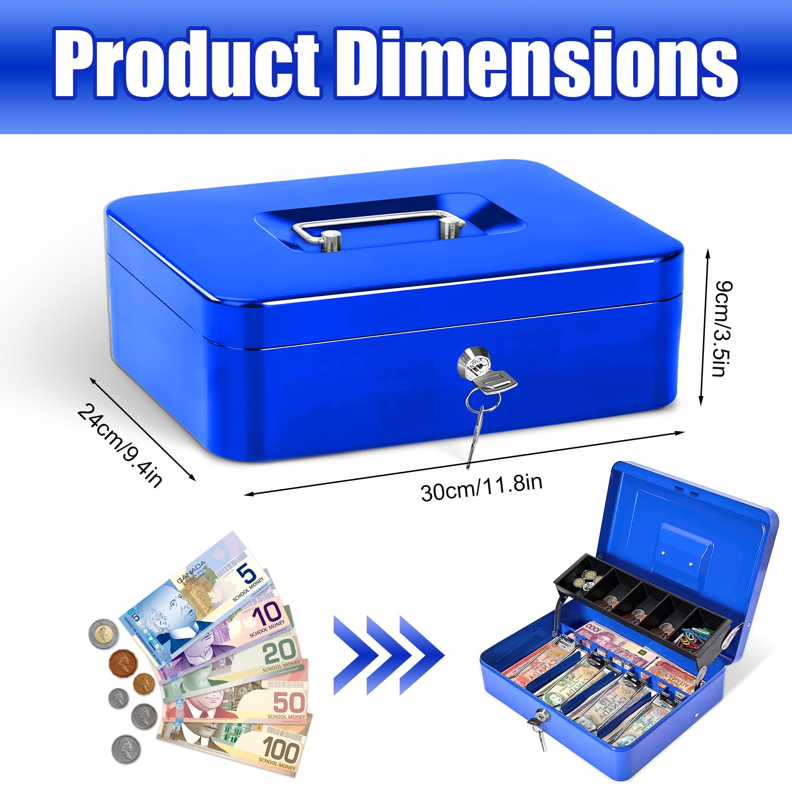 Secure Metal Cash Box with Key Lock - Portable Money Safe for Bills, Coins, Checks & Valuables (11.8x9.4x3.5in, Blue) - Ideal for Home, Office, Retail Store & Travel Use