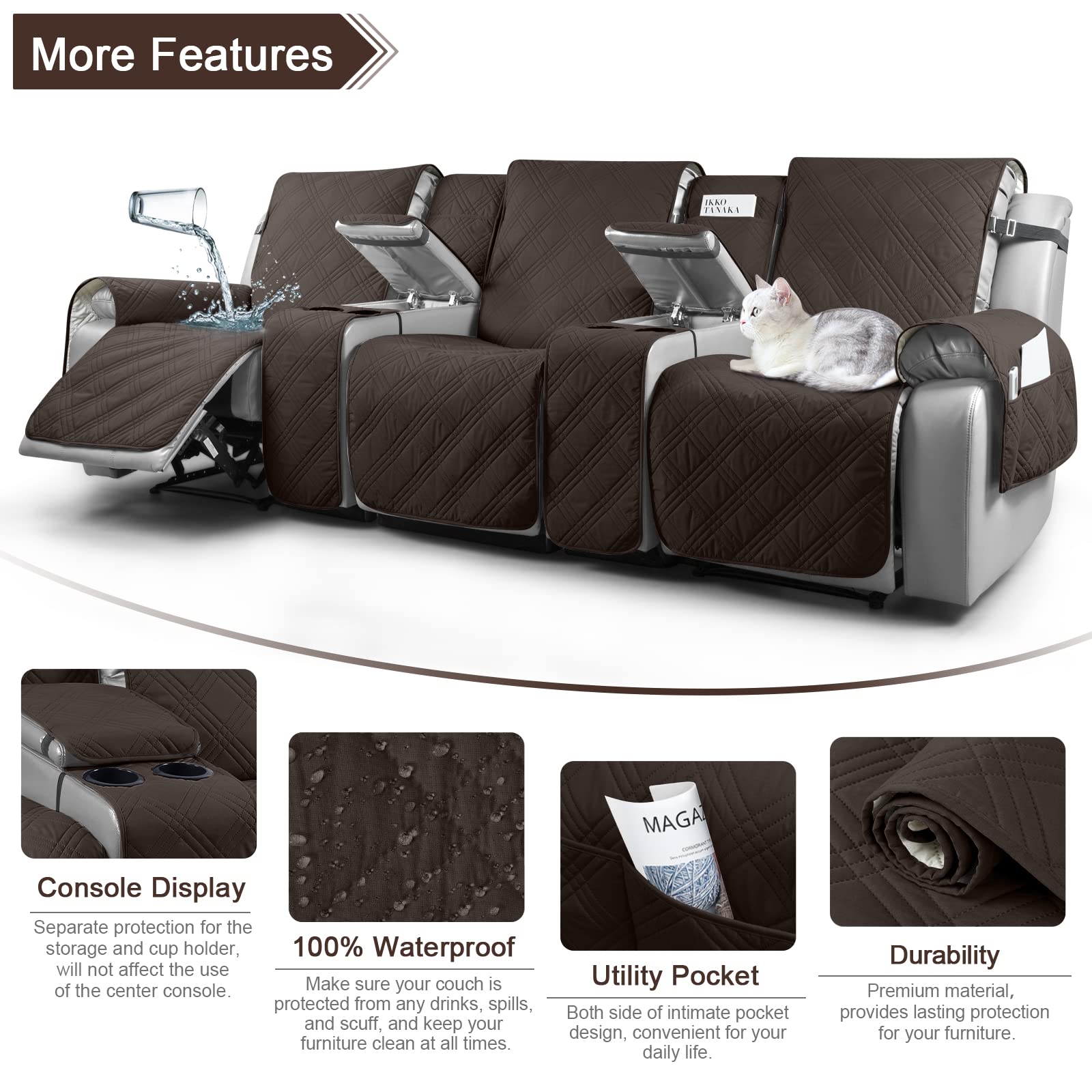 TAOCOCO 100% Waterproof Recliner Sofa Cover with Console - 3 Seat Stretchable Furniture Protector for Pets & Kids | Split Design with Secure Straps | Chocolate Brown | Perfect for Living Room, Family Room & Home Theater Use
